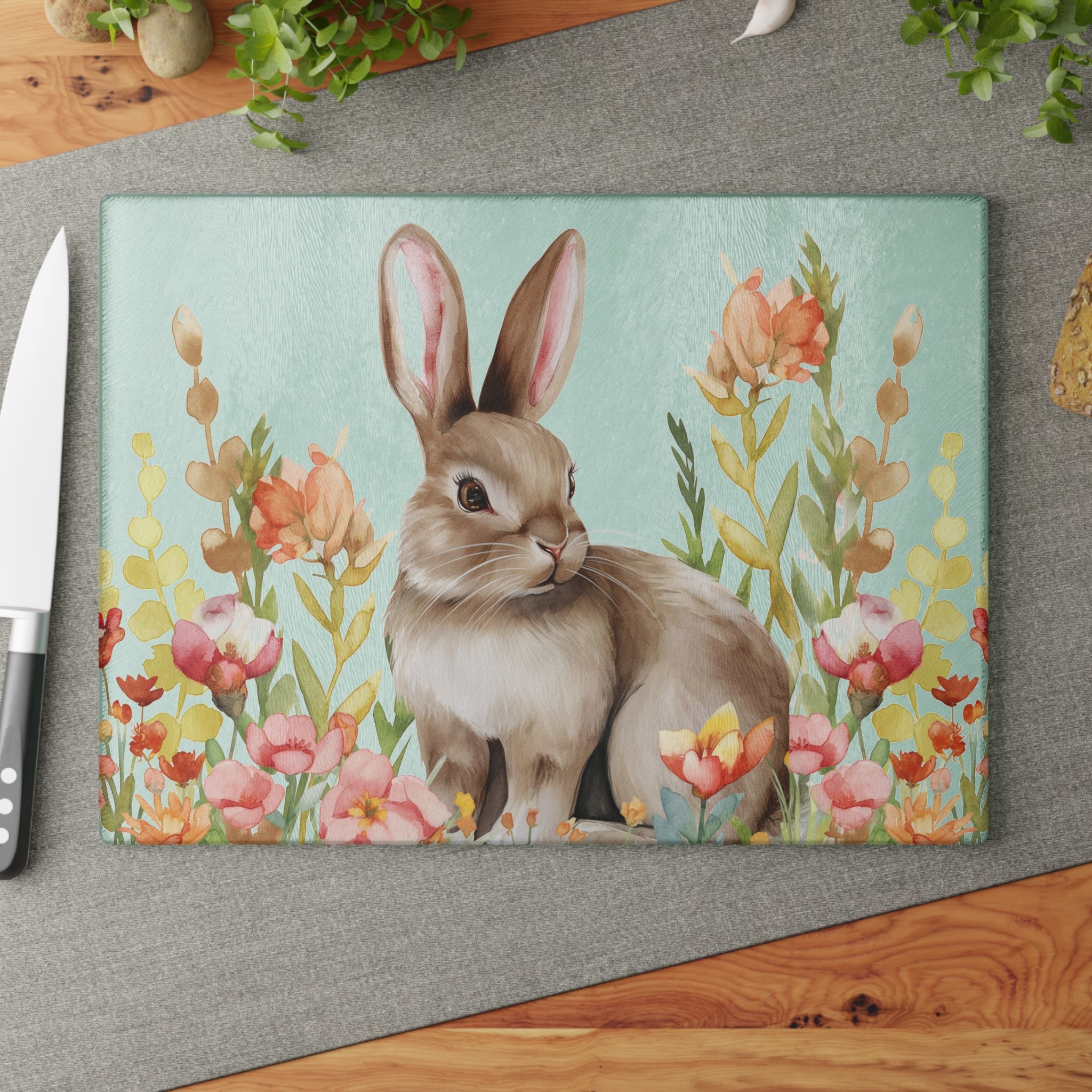 Floral Bunny Glass Cutting Board | Cottagecore Rabbit Kitchen Decor | Watercolor Bunny Tempered Glass Cutting Board | Gumpert Homestead
