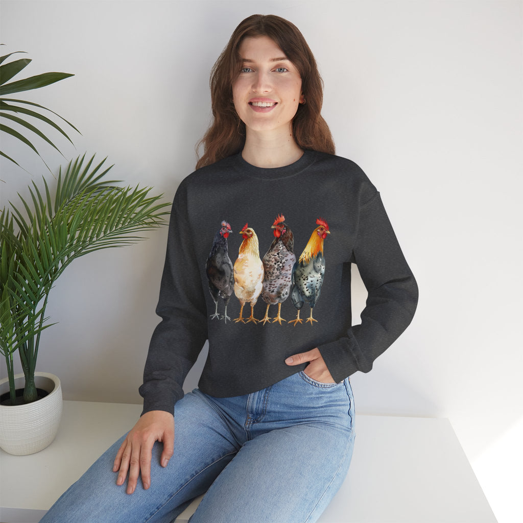 Chicken Flock Sweatshirt – Farmhouse Hen Lineup Crewneck, Cozy Homestead Chicken Mom Pullover, Unisex Gildan 18000