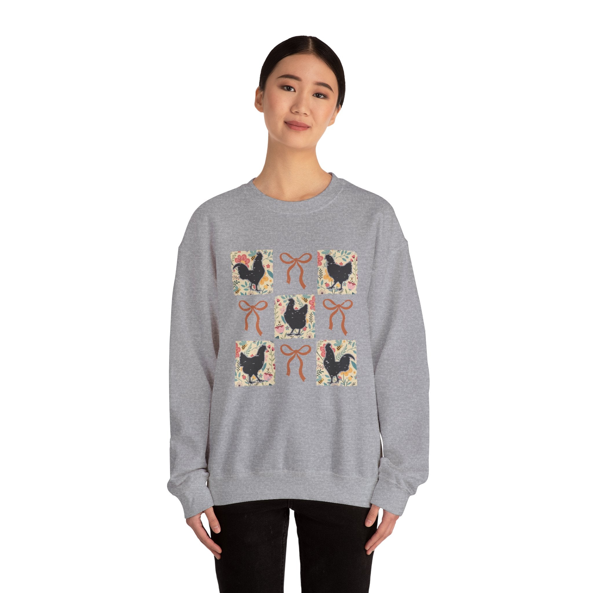 Cottagecore Chicken Quilt Sweatshirt – Farmhouse Patchwork Chicken Crewneck, Cozy Country Homestead Pullover