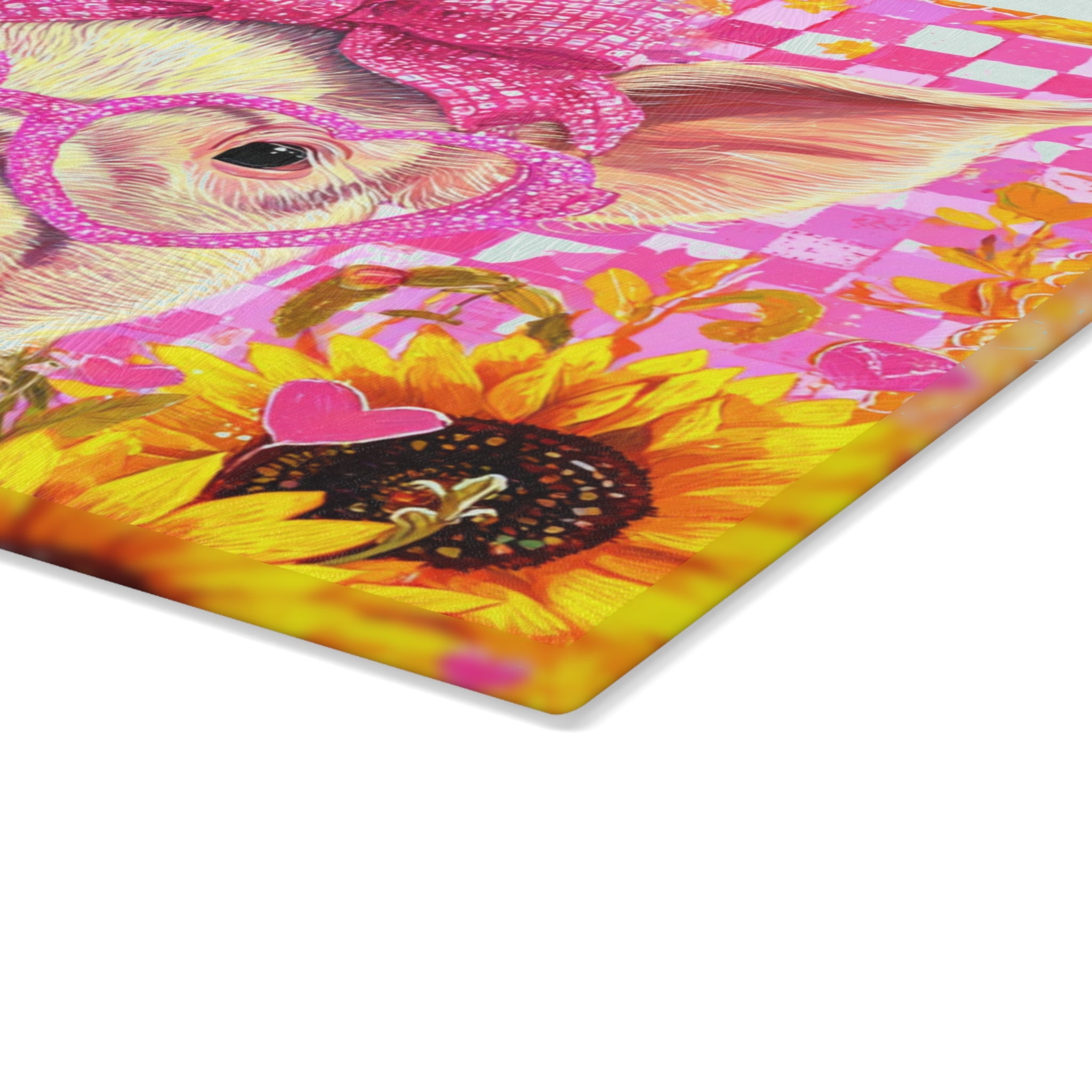 Cute Pink Floral Pig Glass Cutting Board – Farmhouse Sunflower Pig Kitchen Decor, Country Farm Animal Cutting Board, Rustic Homestead Gift
