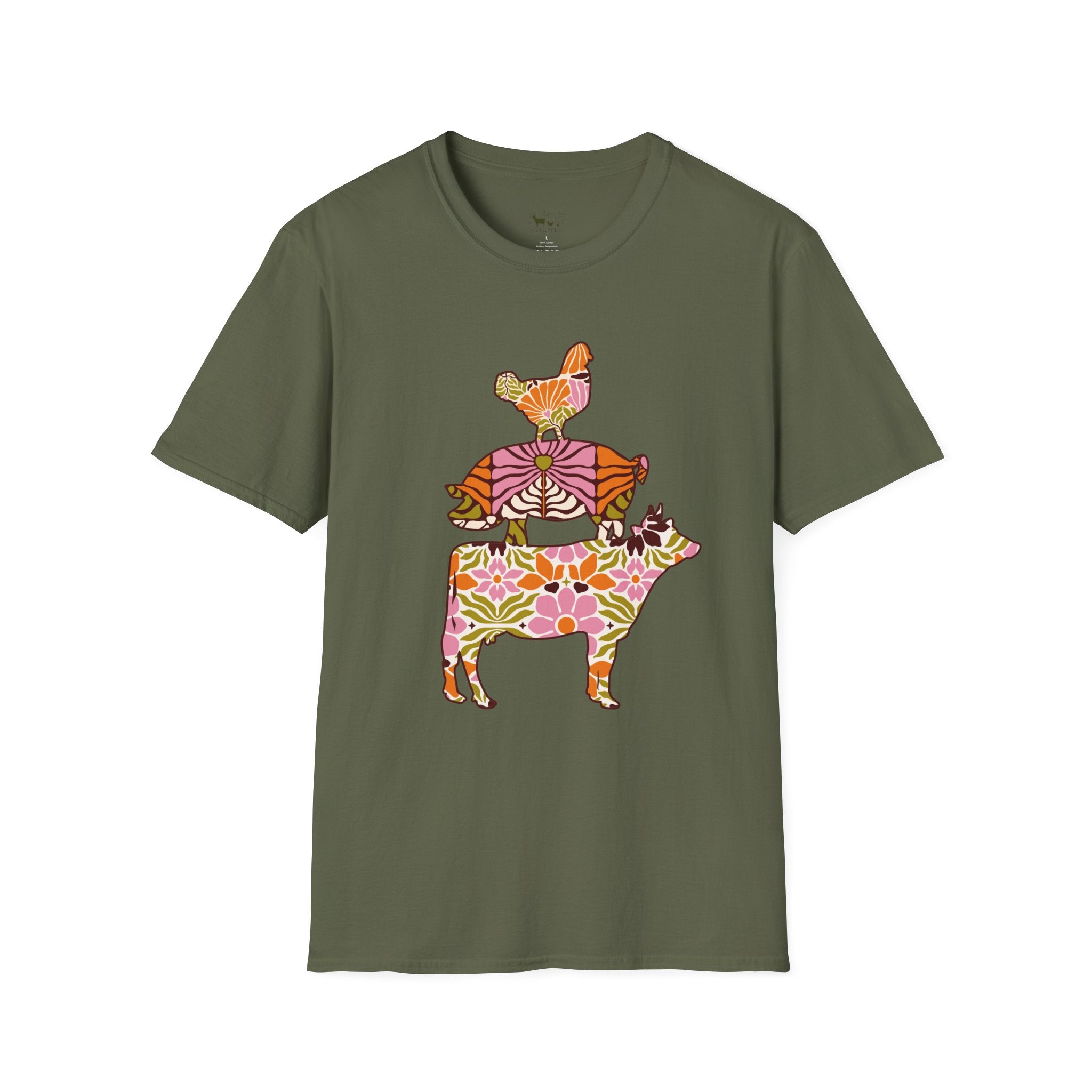 Floral Pig Stack T-Shirt – Cute Farm Pig Shirt, Cottagecore Pig Graphic Tee, Farm Life Animal Shirt, Homestead Apparel, Pig Lover Gift