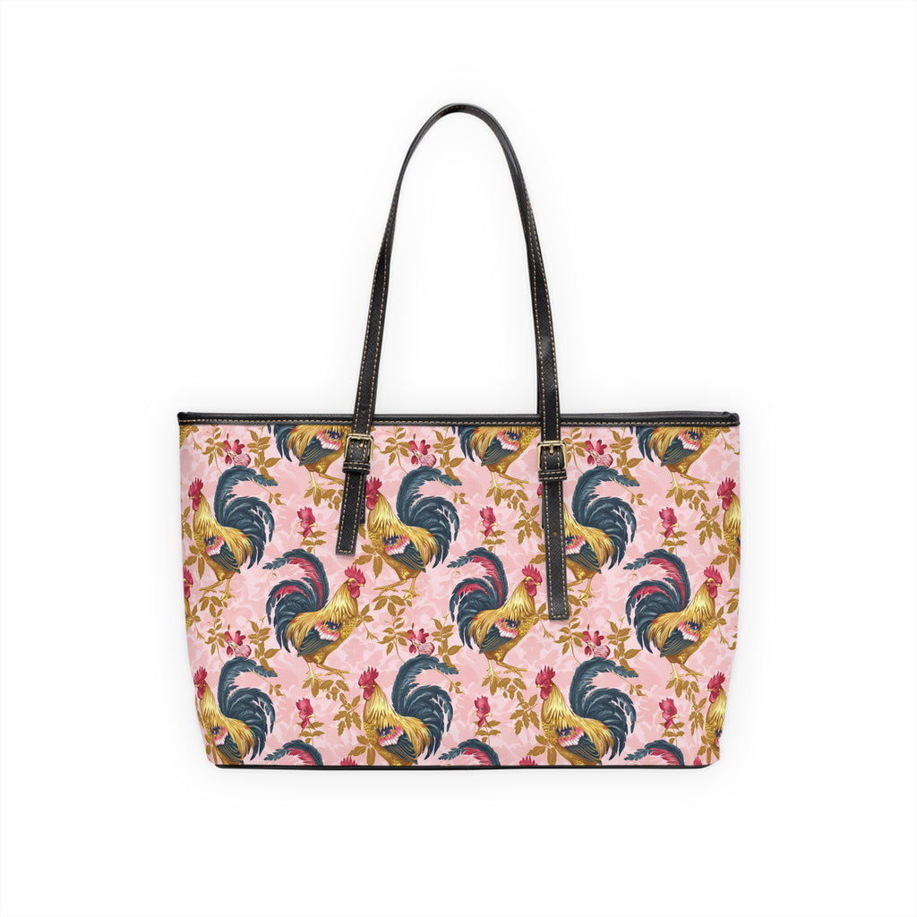 Pink Floral Rooster Chicken Print Leather Shoulder Bag – Farmhouse Chicken Tote, Cute Hen Pattern Purse, Farm Life Handbag, Backyard Chicken Lover Bag