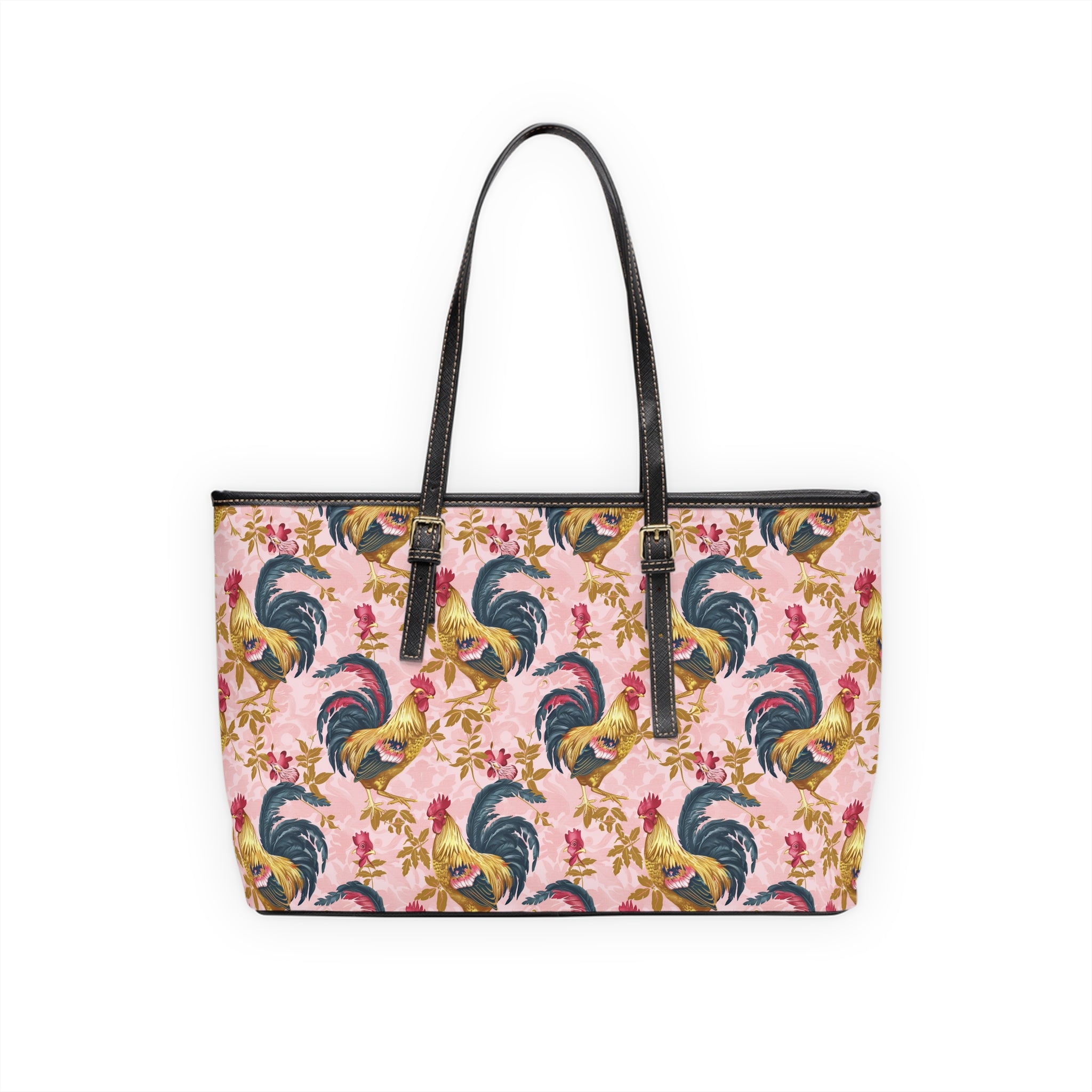 Pink Floral Rooster Chicken Print Leather Shoulder Bag – Farmhouse Chicken Tote, Cute Hen Pattern Purse, Farm Life Handbag, Backyard Chicken Lover Bag