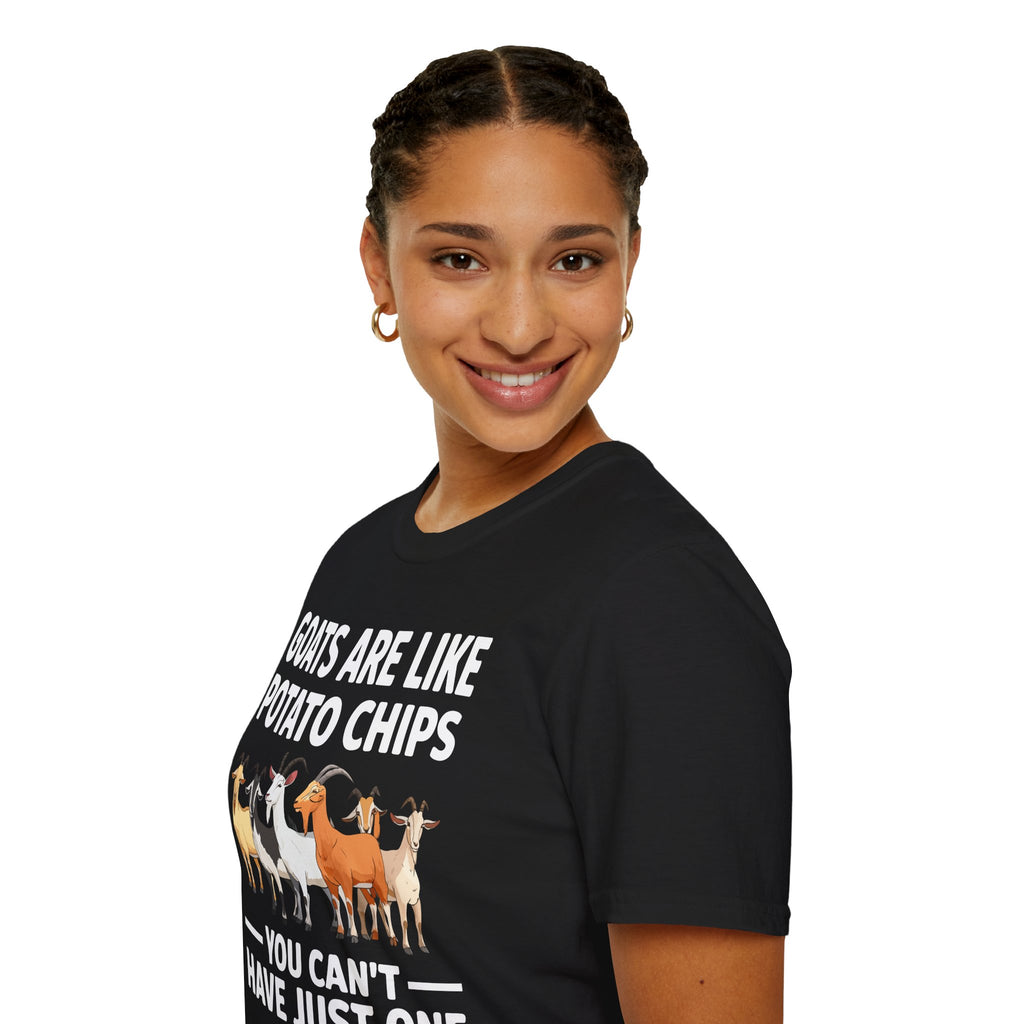 “Goats Are Like Potato Chips – You Can’t Have Just One” Funny Goat Lover Unisex T-Shirt | Farm Life Goat Tee