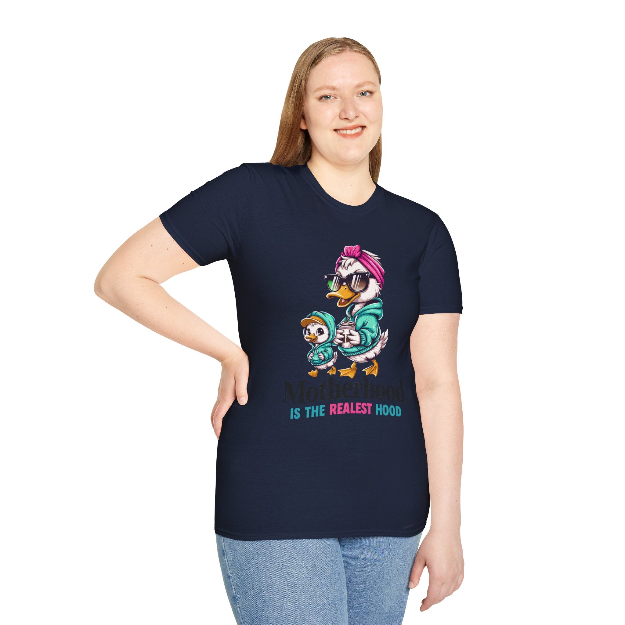 Motherhood Is the Realest Hood Cute Duck Mom Unisex T-Shirt | Funny Farm Mom Graphic Tee