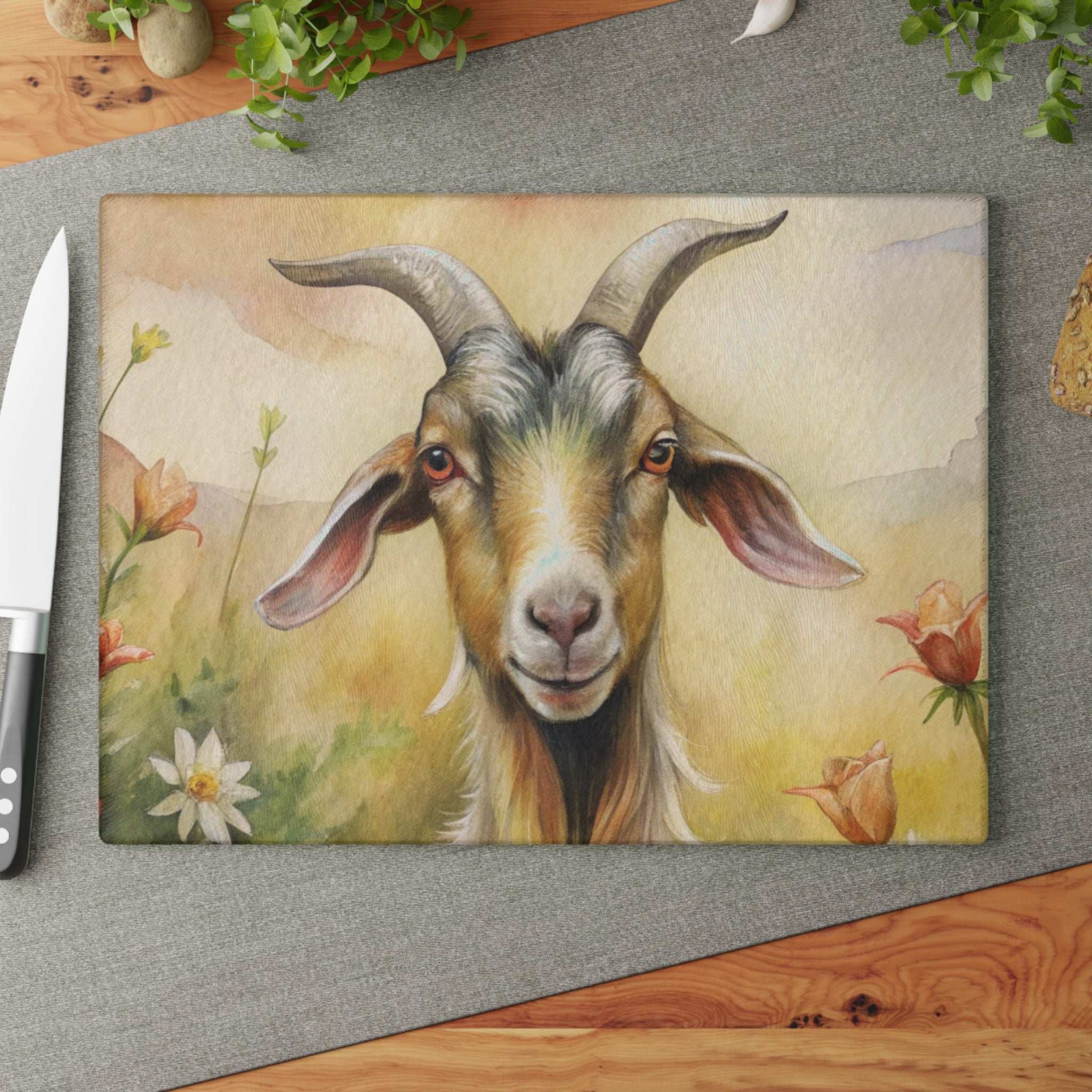 Farmhouse Goat Glass Cutting Board | Rustic Goat Kitchen Decor | Watercolor Farm Animal Tempered Glass Cutting Board | Gumpert Homestead