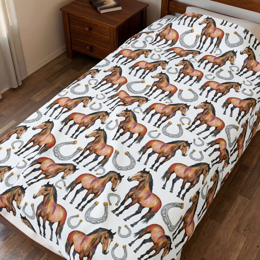 Western Horse Plush Blanket | Horse & Horseshoe Throw | Farmhouse Western Decor | Cozy Ranch Style Blanket | Horse Lover Gift | Gumpert Homestead
