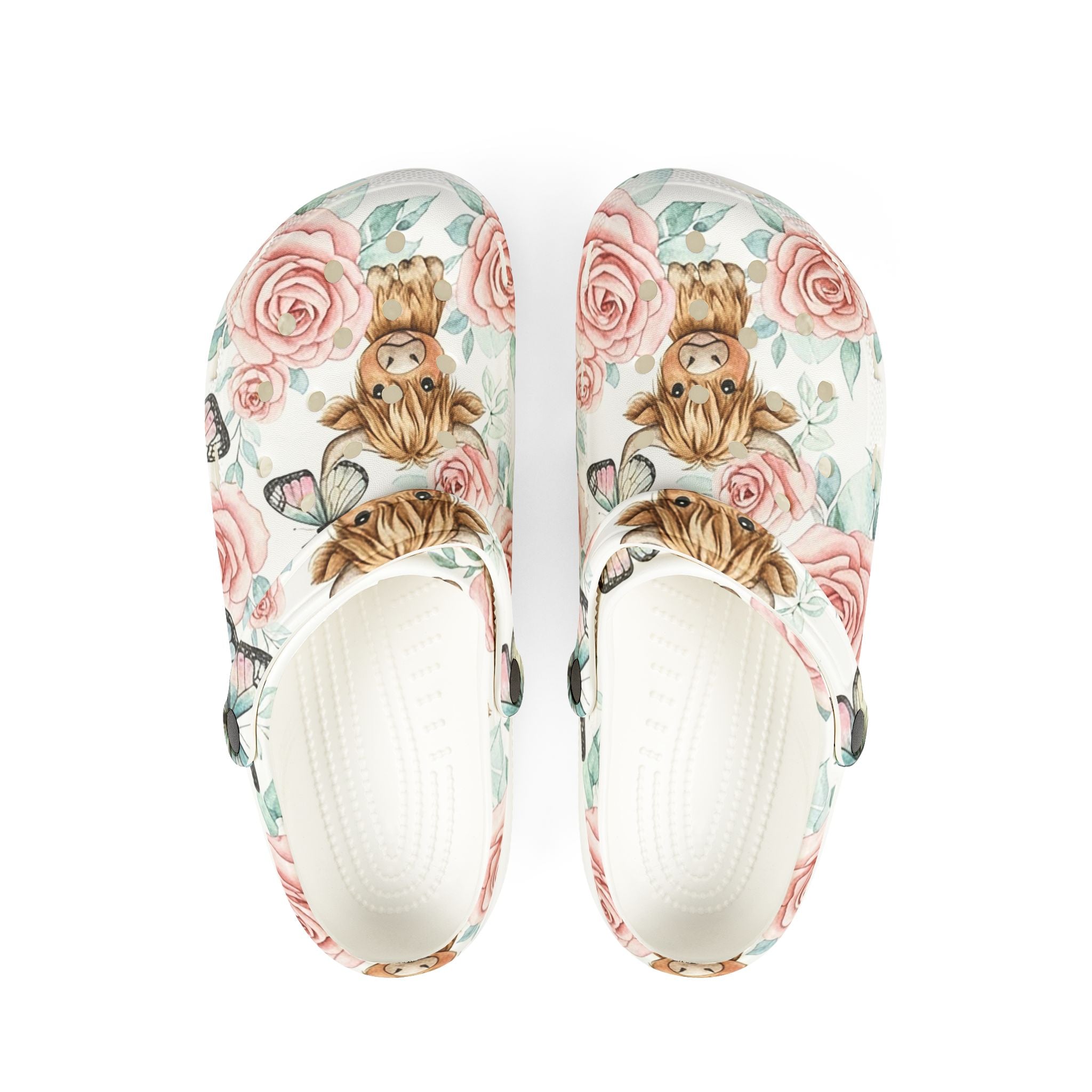 Highland Cow Cottagecore Clogs – Floral Butterfly Farm Shoes, Cozy Farm Life EVA Slip-On Clogs
