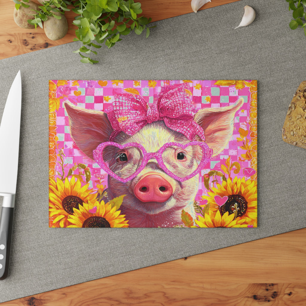 Cute Pink Floral Pig Glass Cutting Board – Farmhouse Sunflower Pig Kitchen Decor, Country Farm Animal Cutting Board, Rustic Homestead Gift