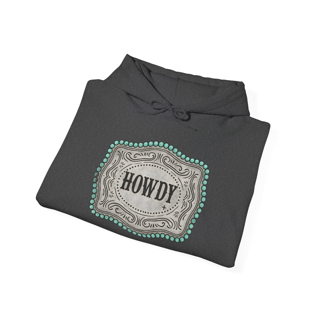 Howdy Turquoise Beaded Rodeo Belt Buckle Hoodie – Unisex Farmhouse Western Sweatshirt | Country Homestead Apparel