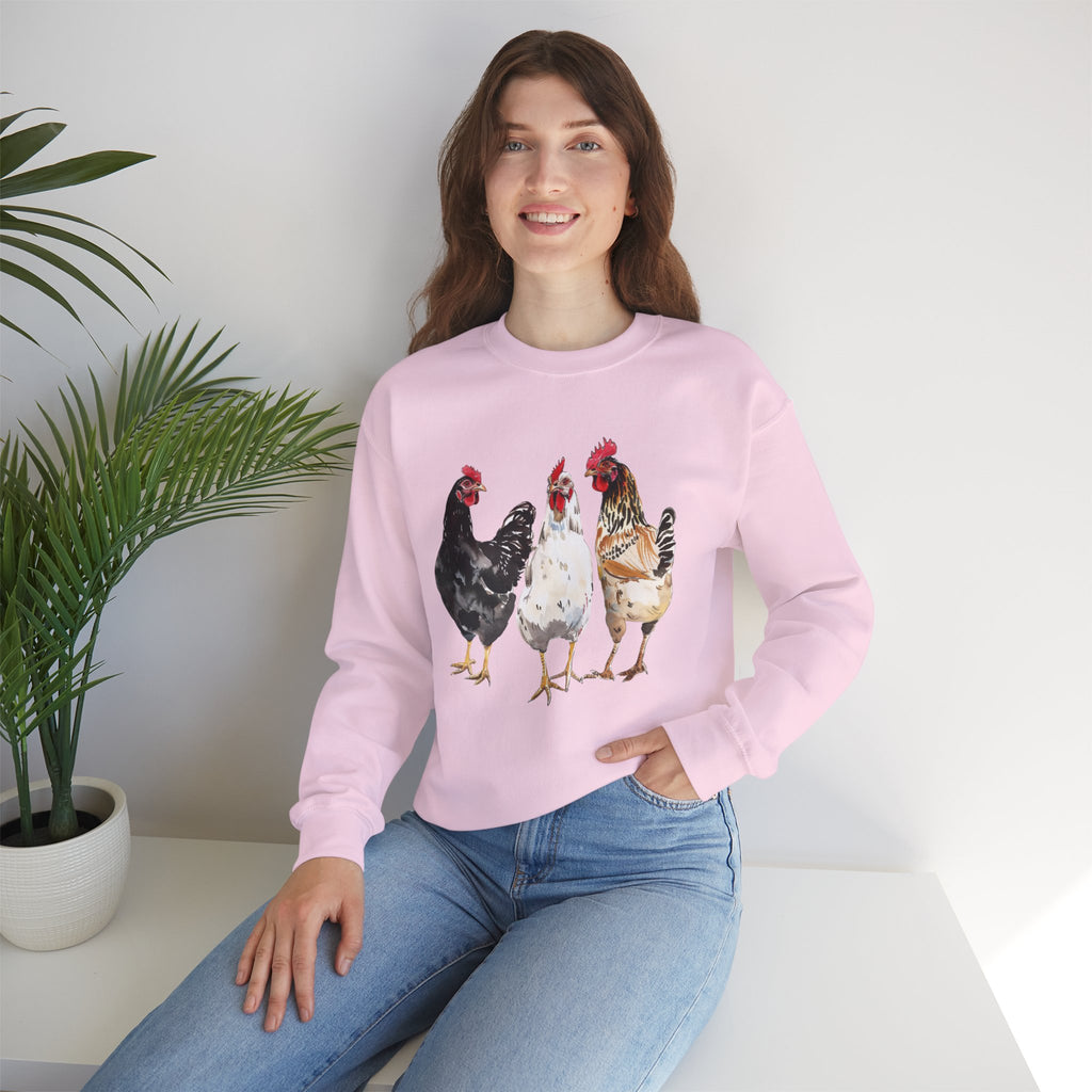 Chicken Flock Sweatshirt – Farmhouse Hen Lineup Crewneck, Cozy Homestead Chicken Mom Pullover, Unisex Gildan 18000