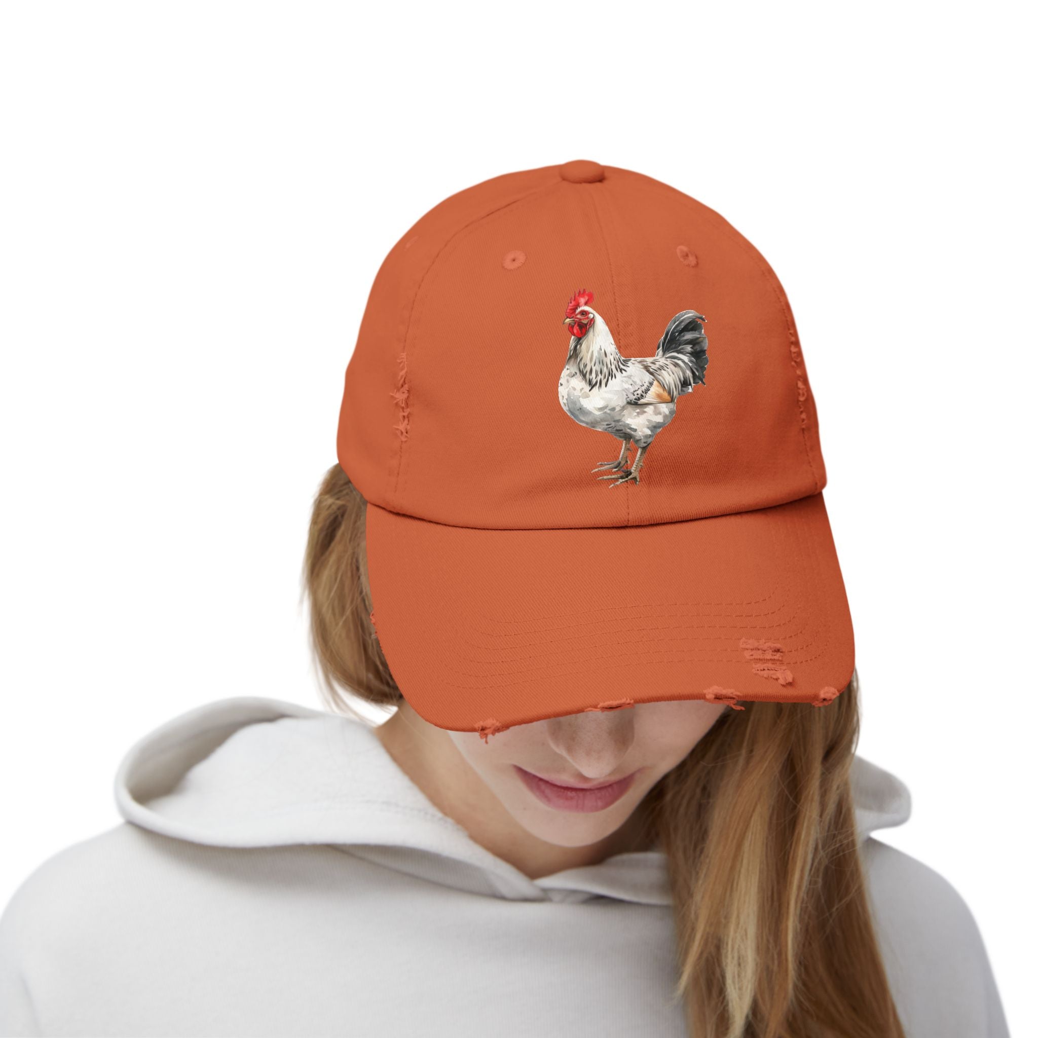 Speckled White Rooster Distressed Baseball Cap – Light Sussex Style Chicken Hat, Vintage Farm Rooster Cap, Backyard Chicken Keeper Gift