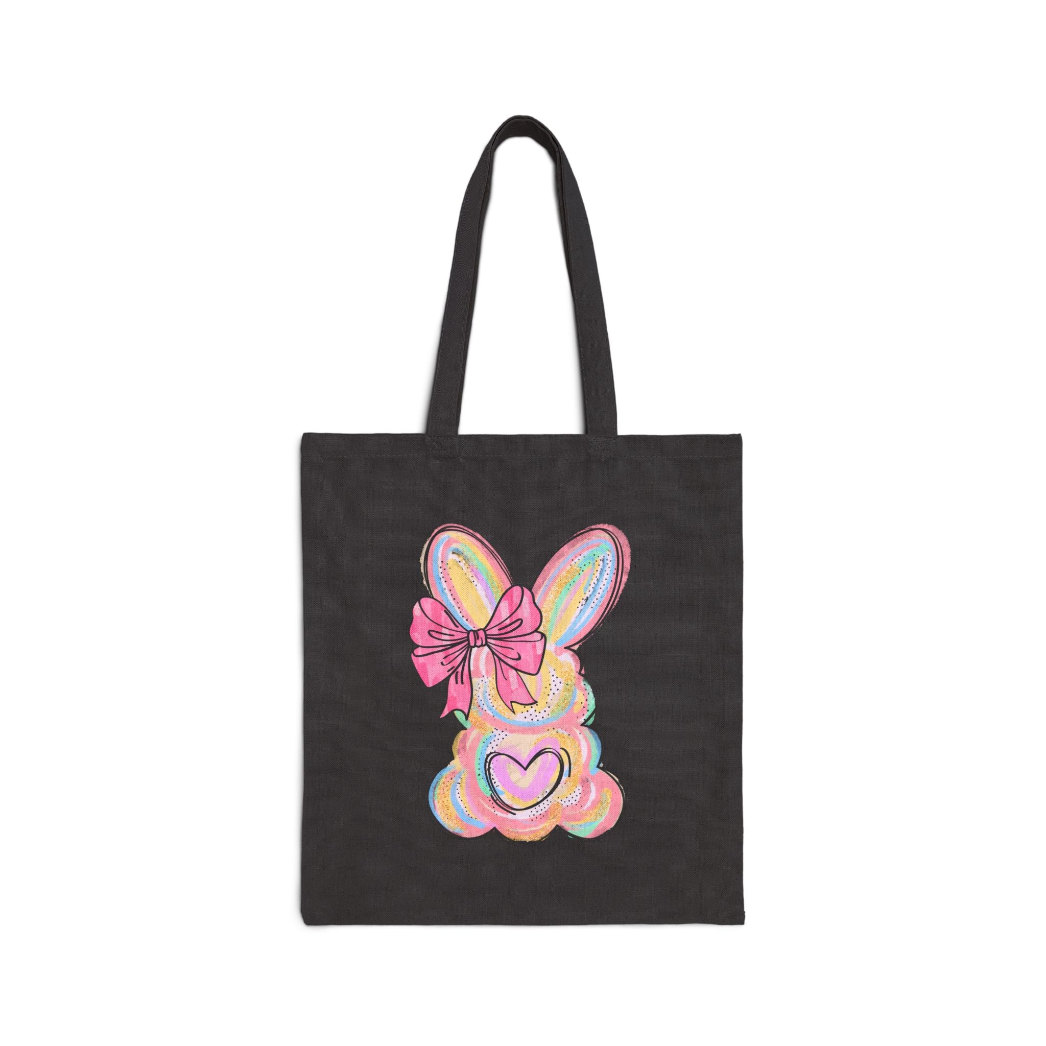 Easter Bow Bunny Tote Bag – Pastel Heart Rabbit Canvas Tote, Cute Spring Bunny Market Bag, Cottagecore Farmhouse Reusable Shopping Tote, Easter Gift Bag