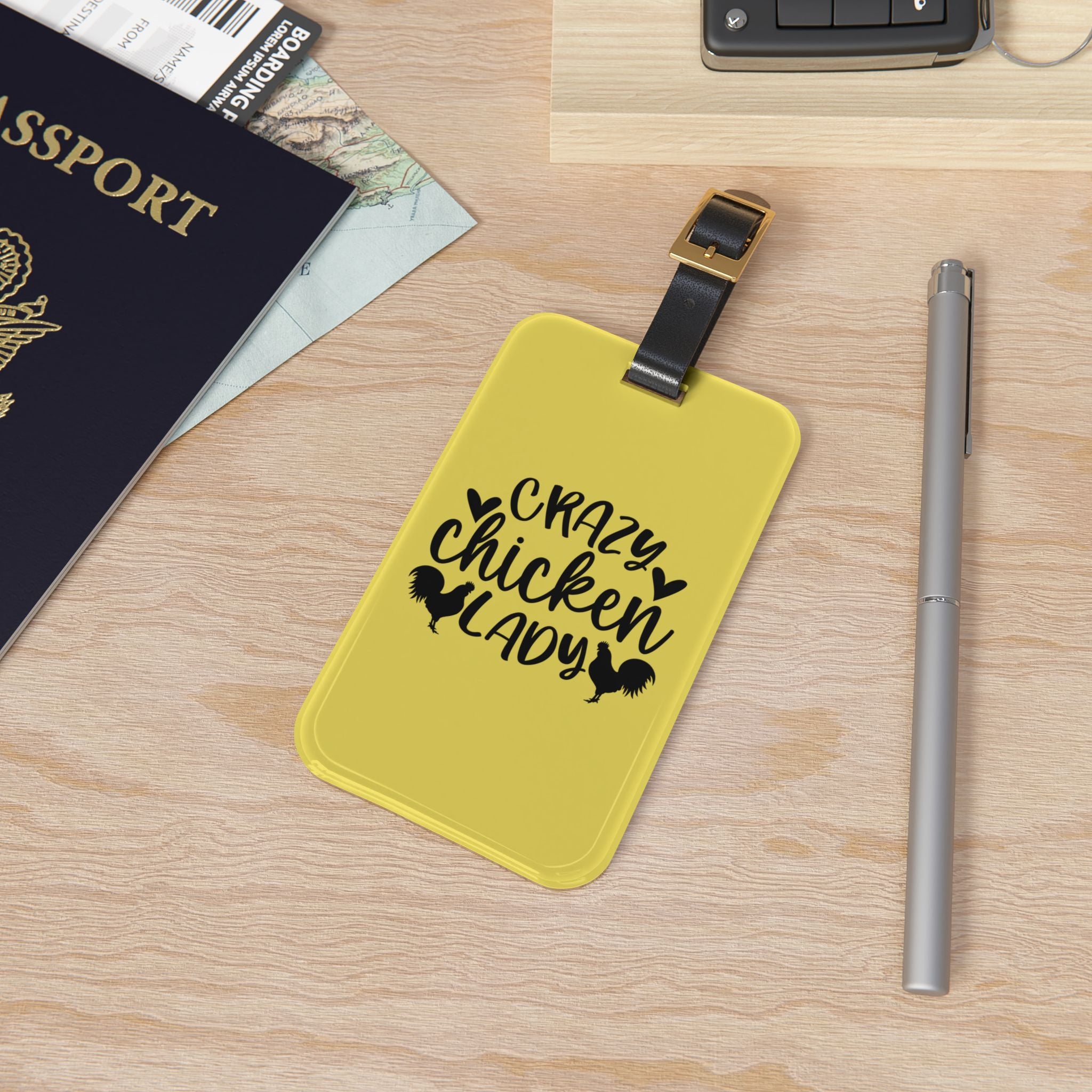 Yellow Crazy Chicken Lady Luggage Tag | Funny Chicken Travel Tag | Farm Girl Suitcase Identifier | Chicken Lover Travel Accessory | Gumpert Homestead