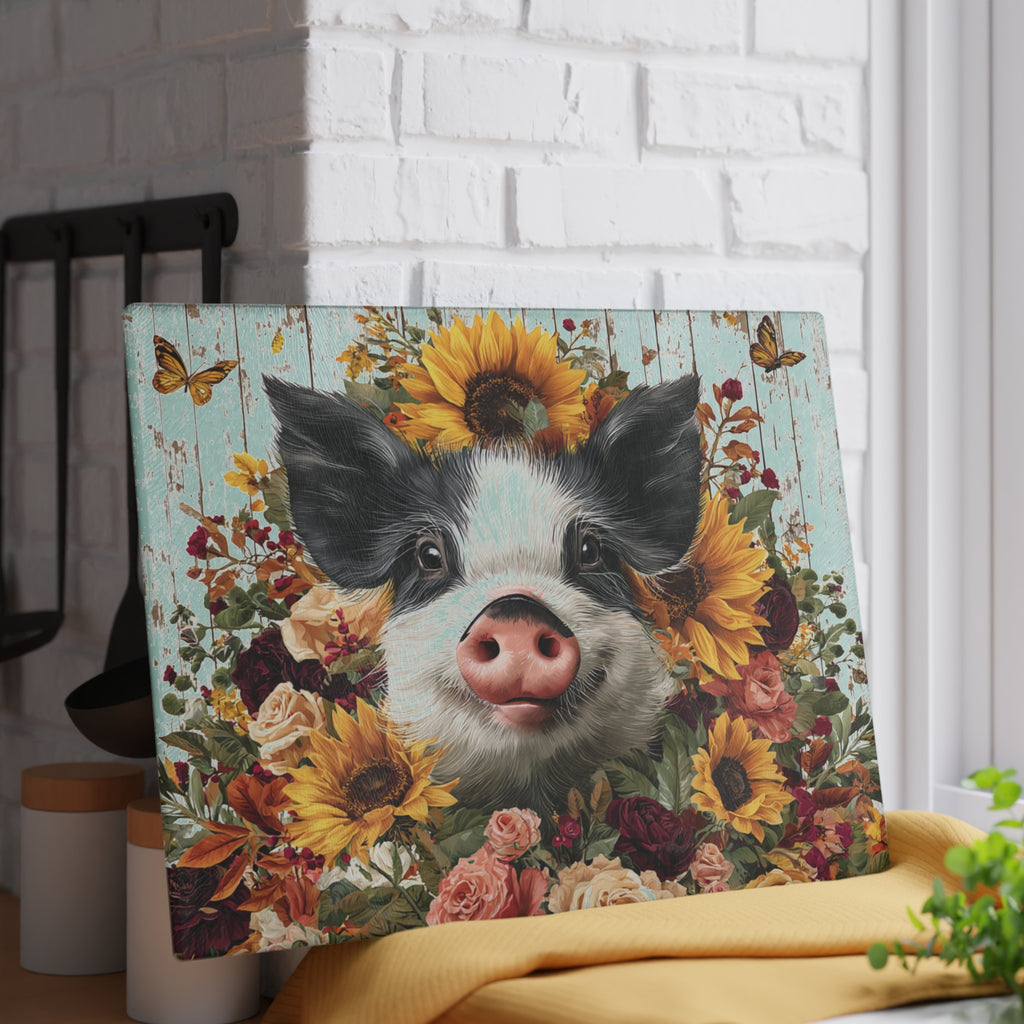 Sunflower Pig Glass Cutting Board – Rustic Farm Pig Kitchen Decor, Floral Farmhouse Cutting Board, Country Homestead Kitchen Gift