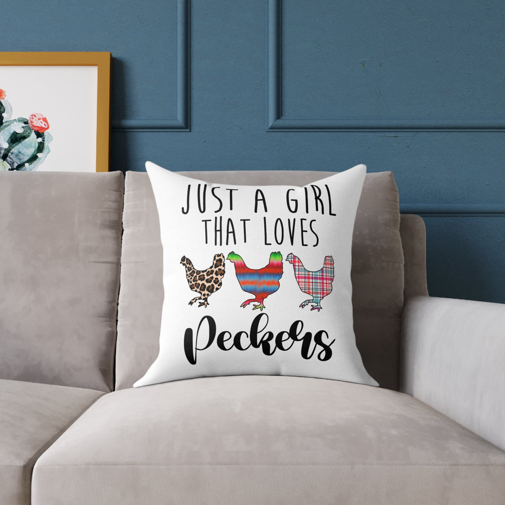 “Just a Girl That Loves Peckers” Throw Pillow – Funny Chicken Farmhouse Decor Cushion, Cute Homestead Accent Pillow