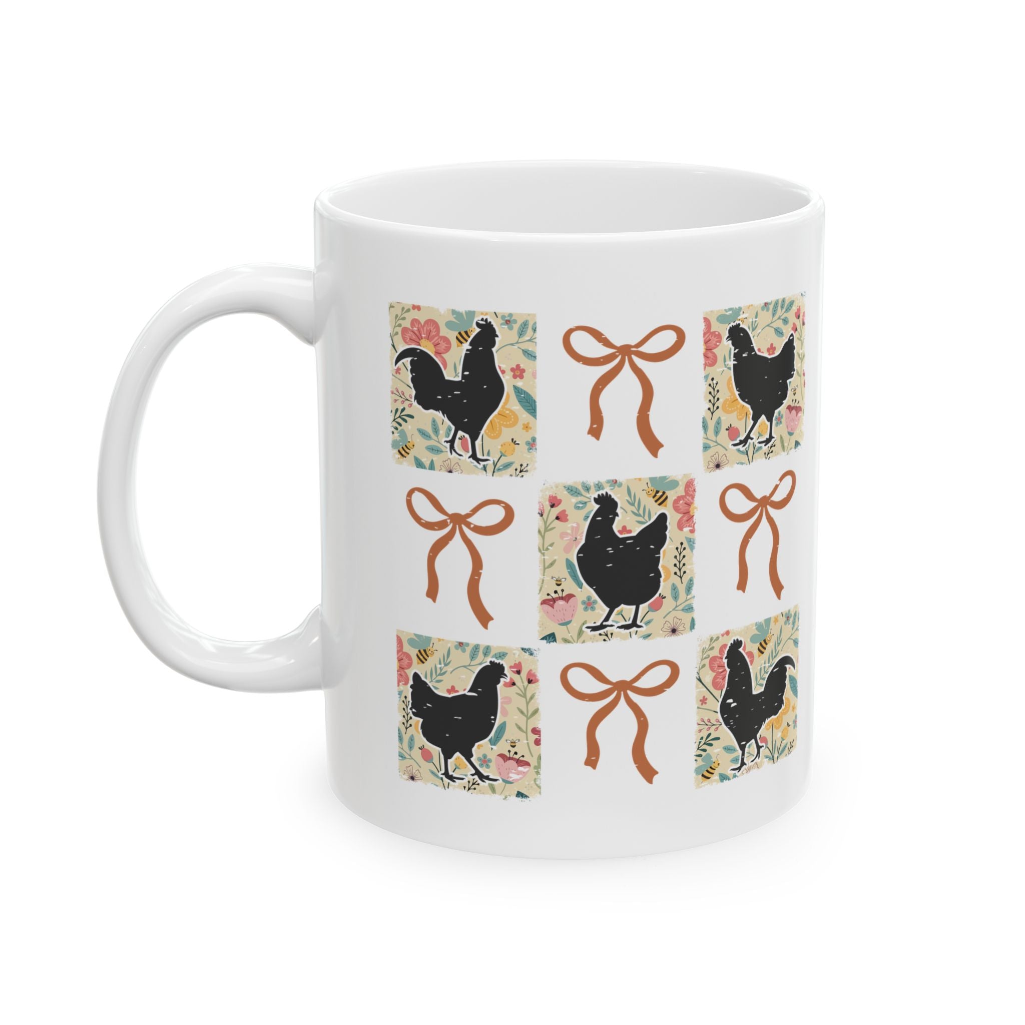 Patchwork Chicken Ceramic Mug – Cottagecore Farmhouse Chicken Coffee Cup, Chicken Mom Mug (11oz, 15oz)