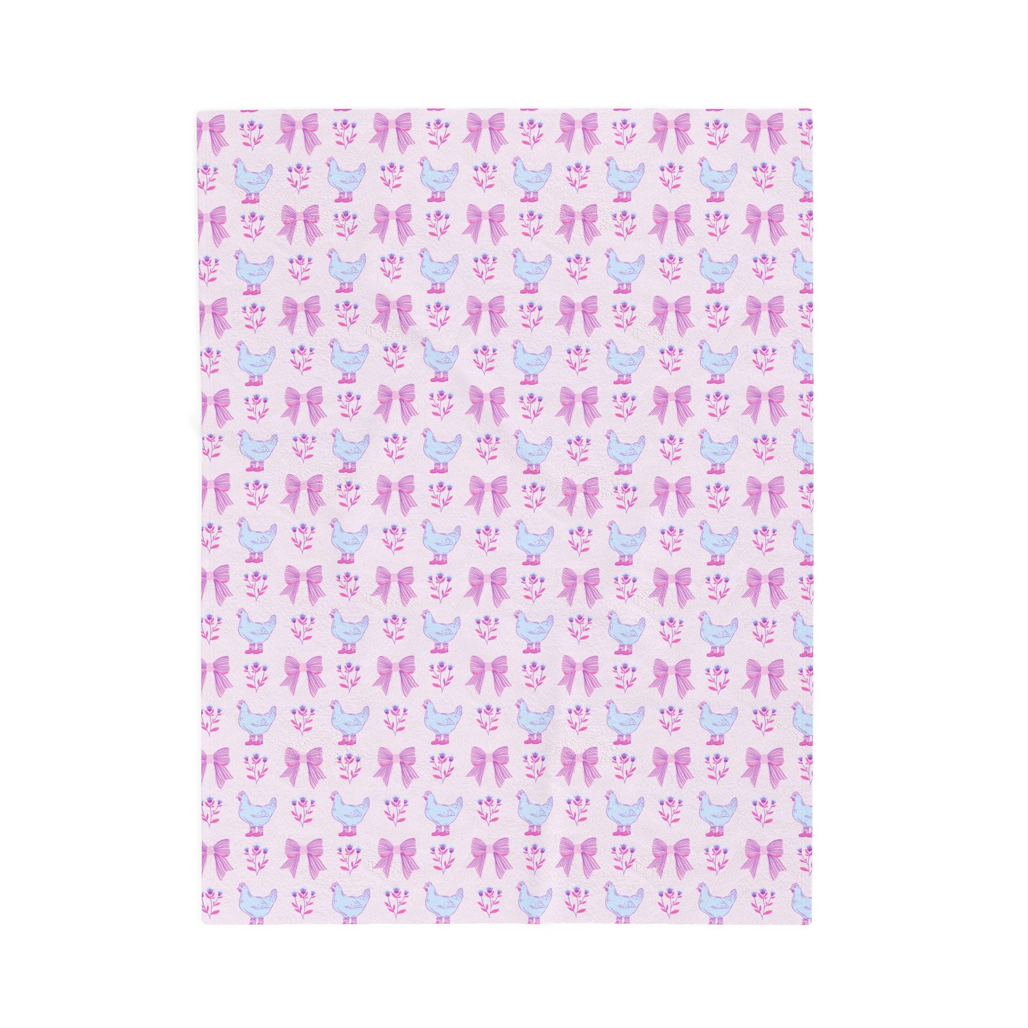 Pink Chicken Velveteen Plush Blanket – Cottagecore Bow Chicken Throw, Shabby Chic Farmhouse Cozy Home Decor