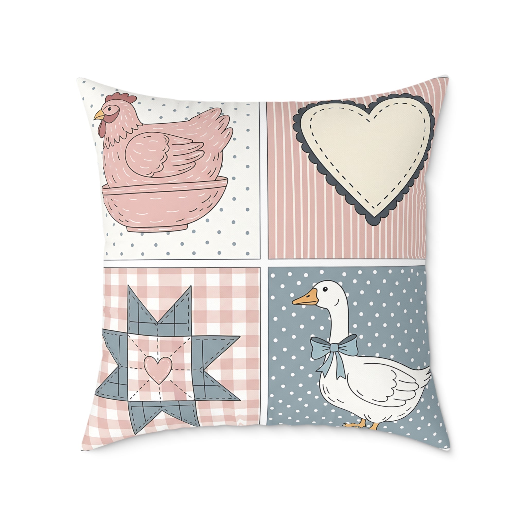 Cottagecore Farm Animal Patchwork Throw Pillow – Chicken & Goose Farmhouse Decor Cushion, Quilted Country Home Accent Pillow