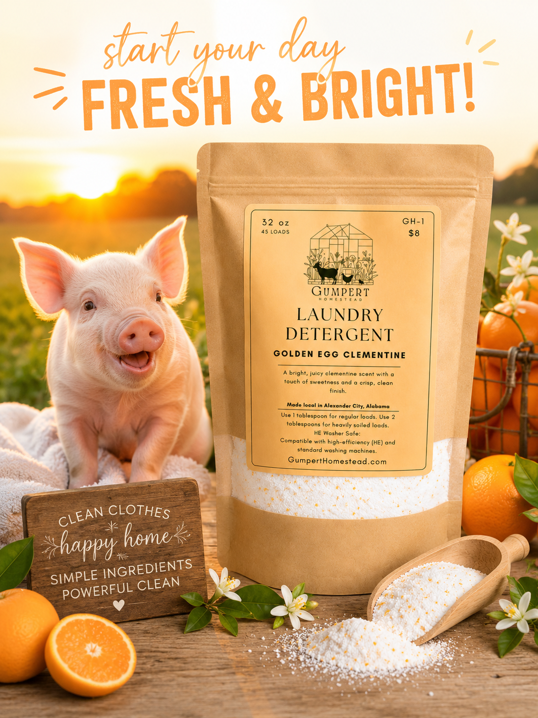 Golden Egg Clementine Handmade Laundry Detergent | Citrus Scent Laundry Powder HE Washer Safe | Available in 3 Sizes