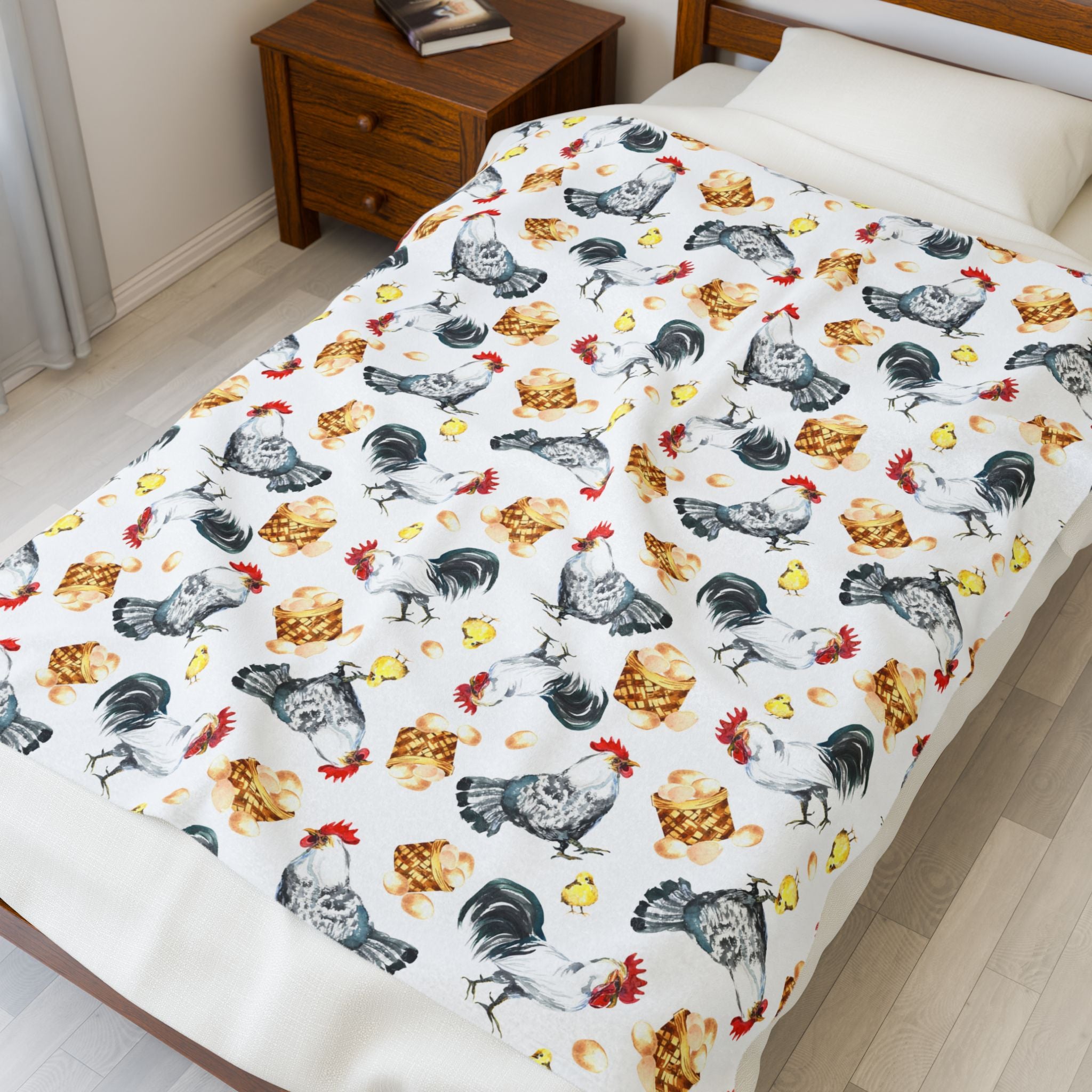 Chicken & Chicks Velveteen Plush Blanket – Farmhouse Rooster Throw, Cozy Country Cottagecore Home Decor