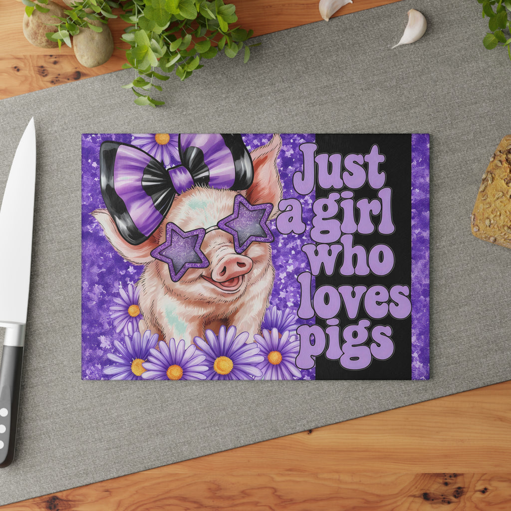 “Just a Girl Who Loves Pigs” Glass Cutting Board – Purple Floral Pig Kitchen Decor, Farmhouse Pig Lover Gift, Country Homestead Cutting Board