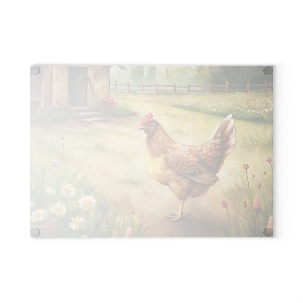Farmhouse Chicken Glass Cutting Board | Rustic Hen Kitchen Decor | Watercolor Chicken Tempered Glass Cutting Board | Gumpert Homestead
