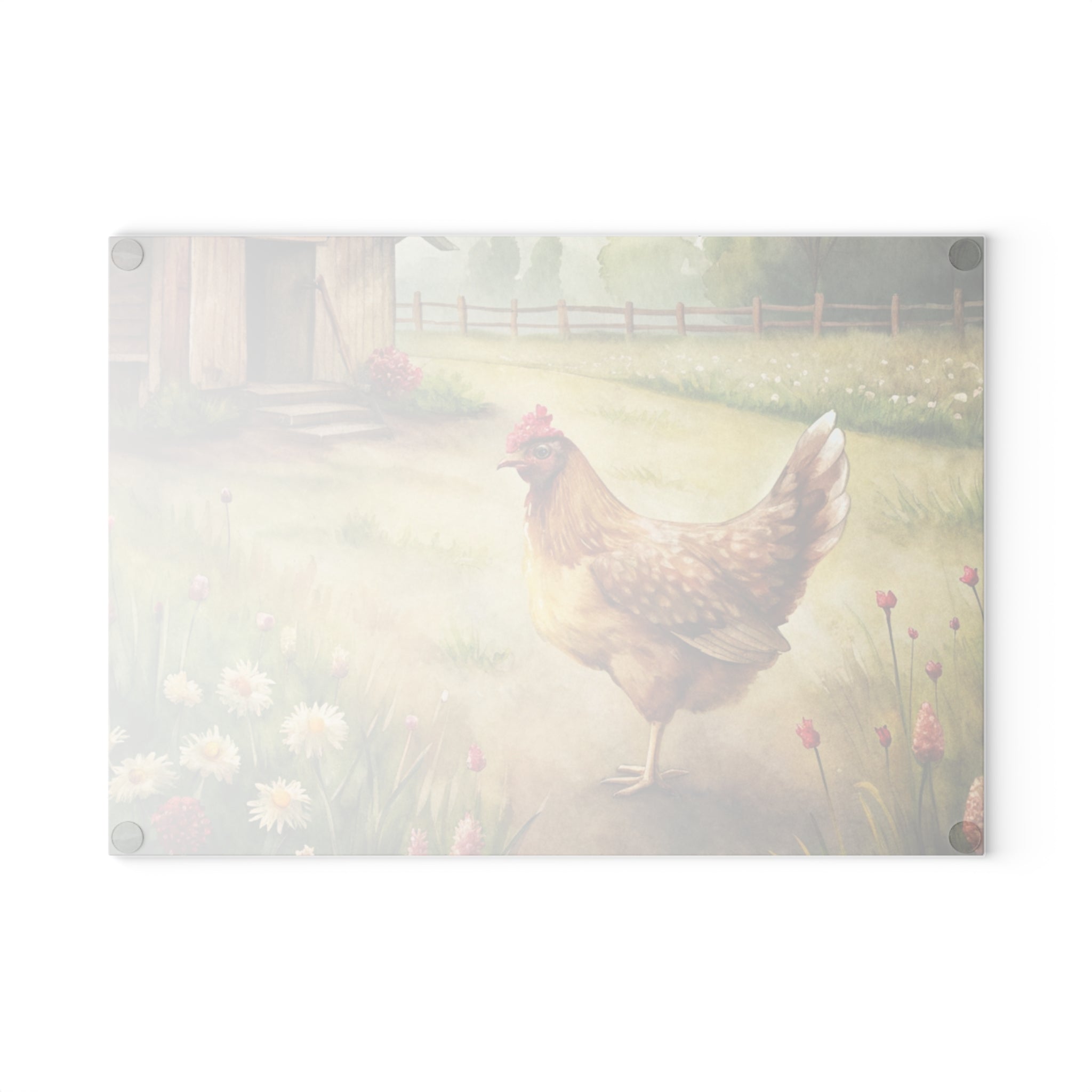 Farmhouse Chicken Glass Cutting Board | Rustic Hen Kitchen Decor | Watercolor Chicken Tempered Glass Cutting Board | Gumpert Homestead