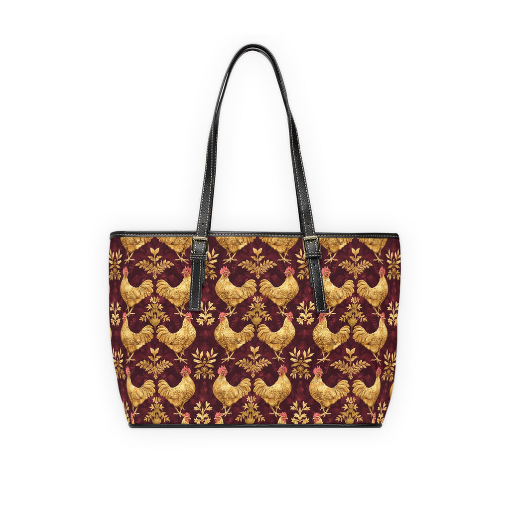 Burgundy & Gold Chicken Print Leather Shoulder Bag – Farmhouse Chicken Tote, Cute Hen Pattern Purse, Farm Life Handbag, Backyard Chicken Lover Bag