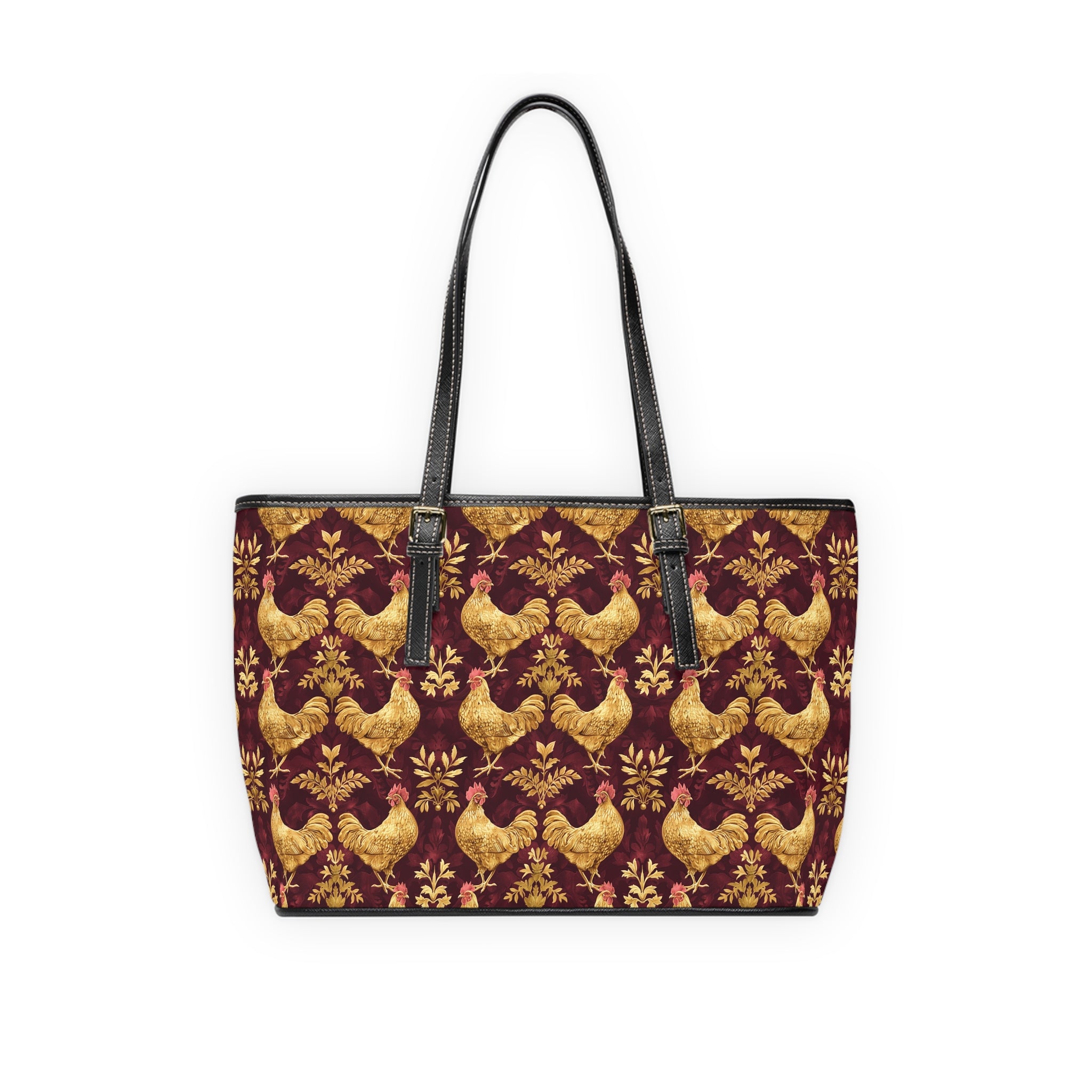 Burgundy & Gold Chicken Print Leather Shoulder Bag – Farmhouse Chicken Tote, Cute Hen Pattern Purse, Farm Life Handbag, Backyard Chicken Lover Bag