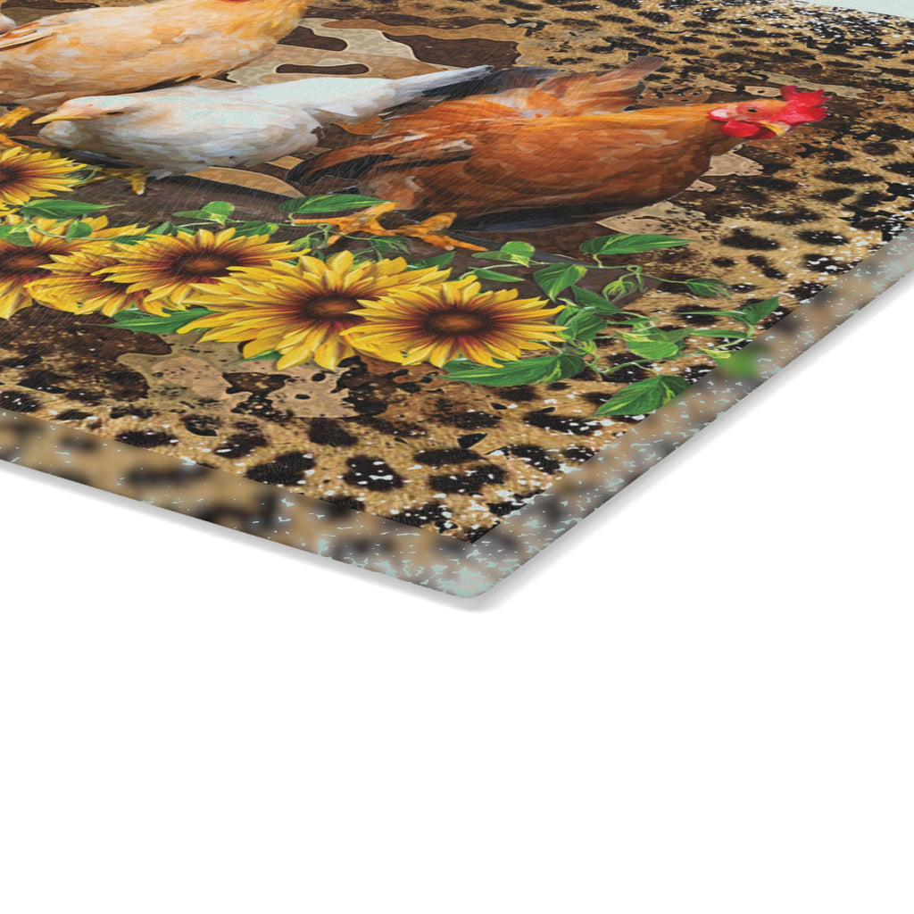 Chicken Flock Glass Cutting Board – Farmhouse Sunflower Chicken Kitchen Decor, Leopard Print Farm Cutting Board, Rustic Country Homestead Kitchen Gift