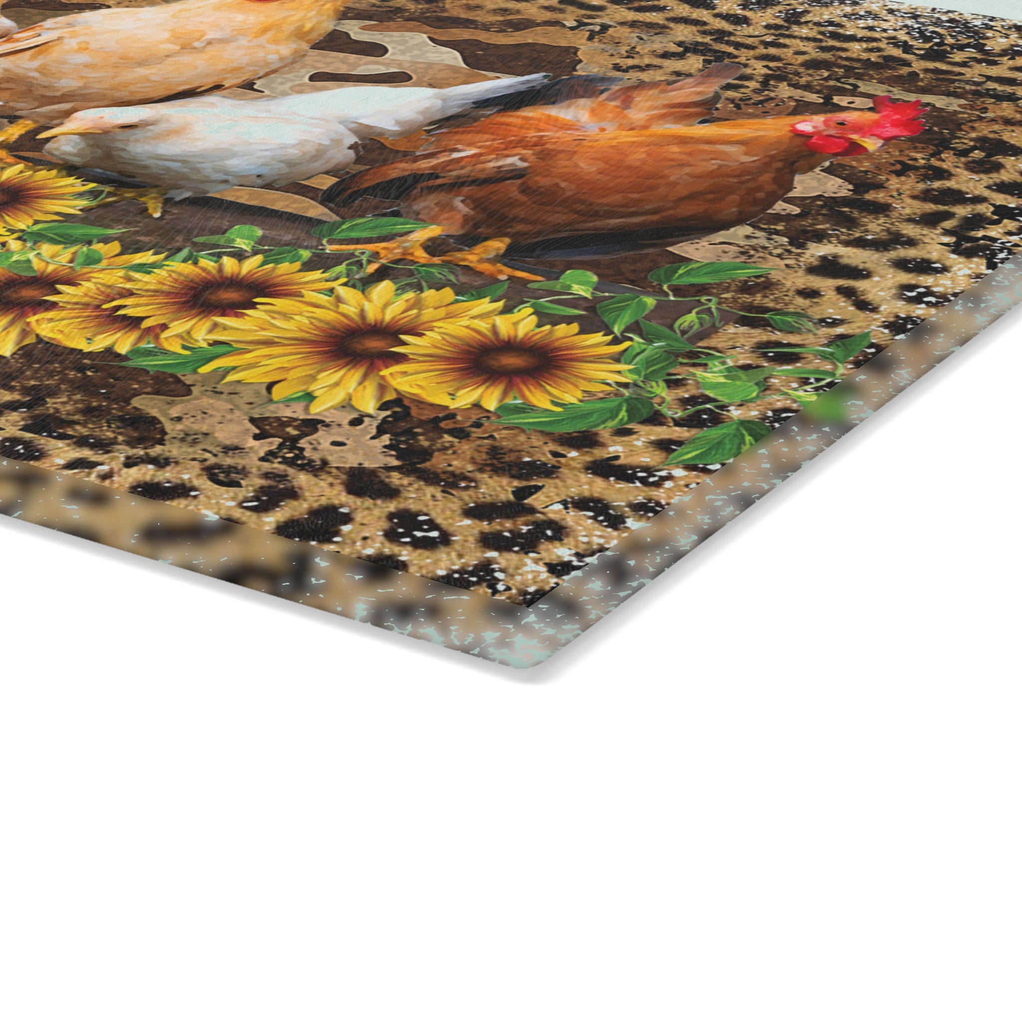 Chicken Flock Glass Cutting Board – Farmhouse Sunflower Chicken Kitchen Decor, Leopard Print Farm Cutting Board, Rustic Country Homestead Kitchen Gift