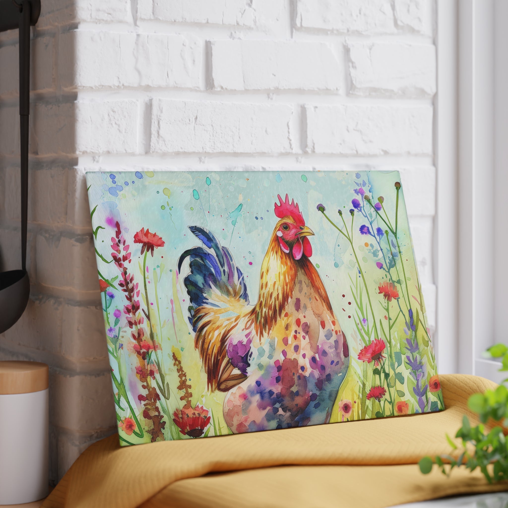 Floral Chicken Glass Cutting Board – Farmhouse Kitchen Decor, Colorful Chicken Counter Protector, Homestead Gift