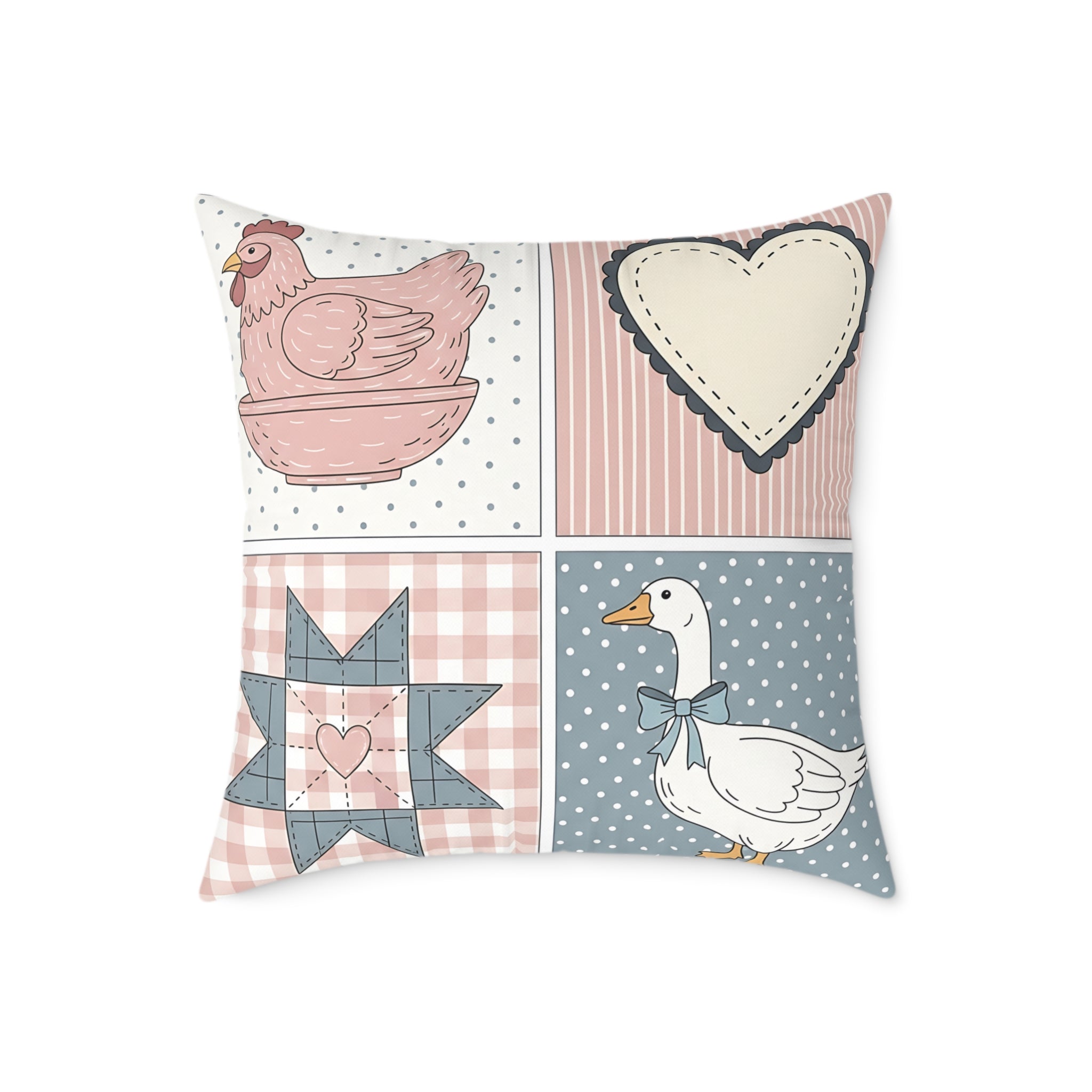 Cottagecore Farm Animal Patchwork Throw Pillow – Chicken & Goose Farmhouse Decor Cushion, Quilted Country Home Accent Pillow