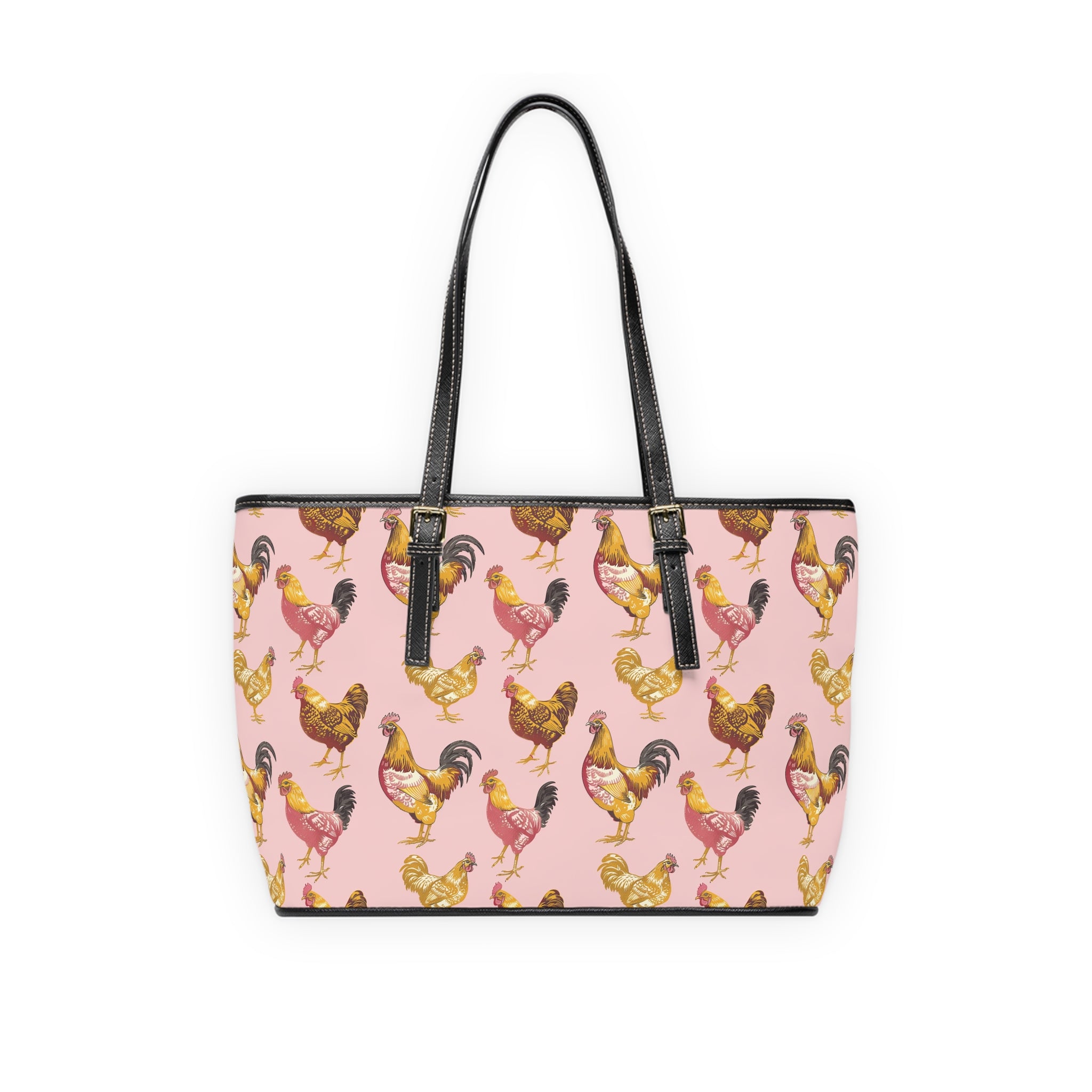 Pink & Gold Chicken Print PU Leather Shoulder Bag – Farmhouse Chicken Tote, Cute Hen Pattern Purse, Farm Life Handbag, Backyard Chicken Lover Bag