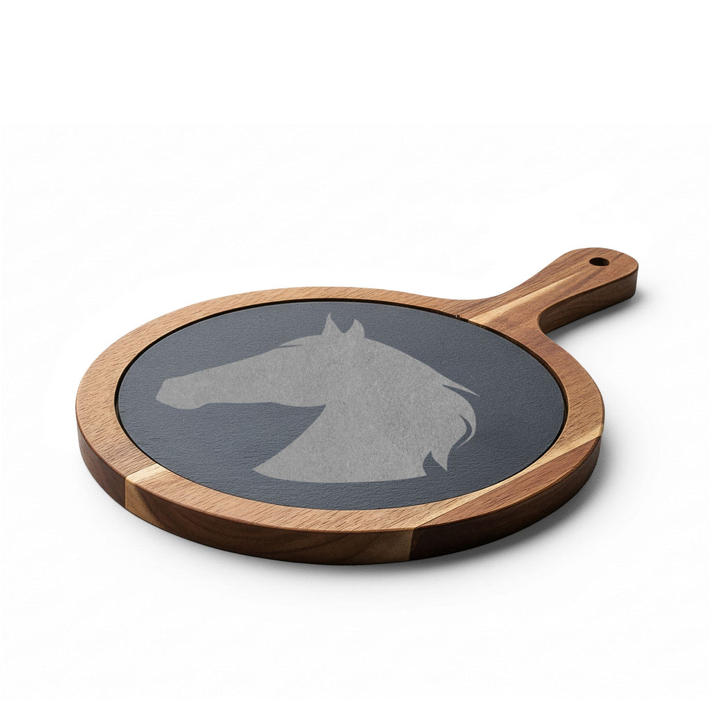 Horse Engraved Charcuterie Board Set | Slate Cheese Board with Knives | Farmhouse Equestrian Serving Board | Rustic Ranch Kitchen Gift