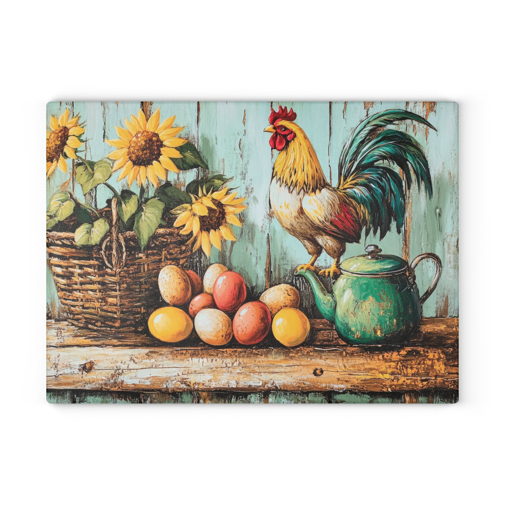 Farmhouse Rooster Glass Cutting Board | Rustic Chicken Kitchen Decor | Sunflower & Egg Tempered Glass Cutting Board | Gumpert Homestead