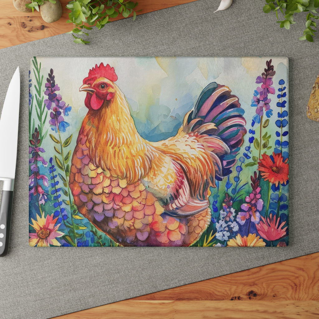 Watercolor Floral Chicken Cutting Board – Farmhouse Glass Kitchen Board for Chicken Lovers