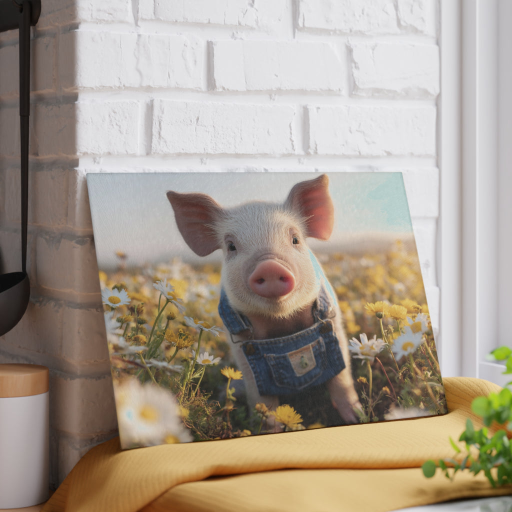 Piglet in Overalls Glass Cutting Board – Cute Farm Pig Kitchen Decor, Baby Pig Farmhouse Cutting Board, Country Homestead Kitchen Gift