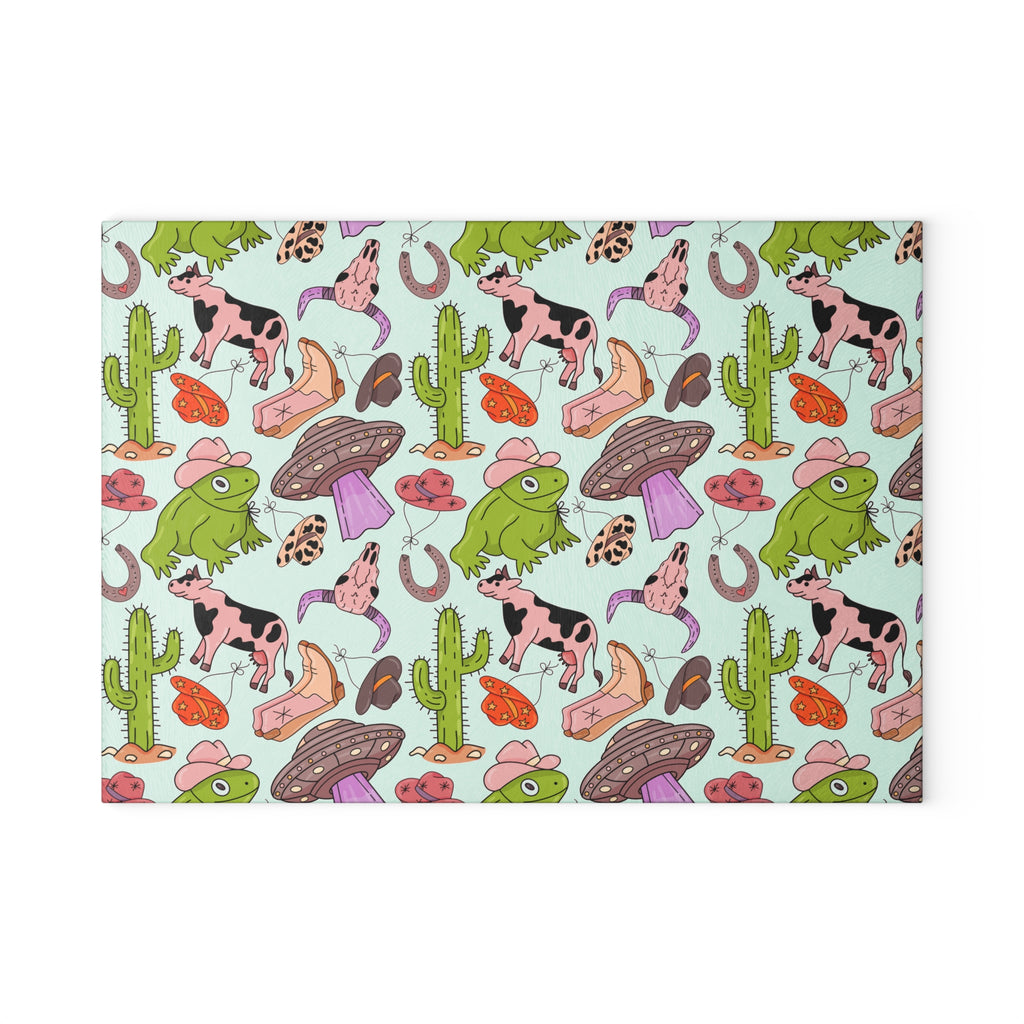 Cowgirl Western Glass Cutting Board | Pink Western Kitchen Decor | Cowboy Boots & Cactus Tempered Glass Cutting Board | Gumpert Homestead