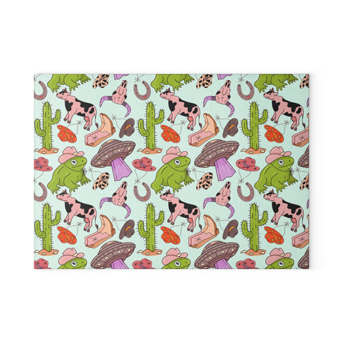 Cowgirl Western Glass Cutting Board | Pink Western Kitchen Decor | Cowboy Boots & Cactus Tempered Glass Cutting Board | Gumpert Homestead