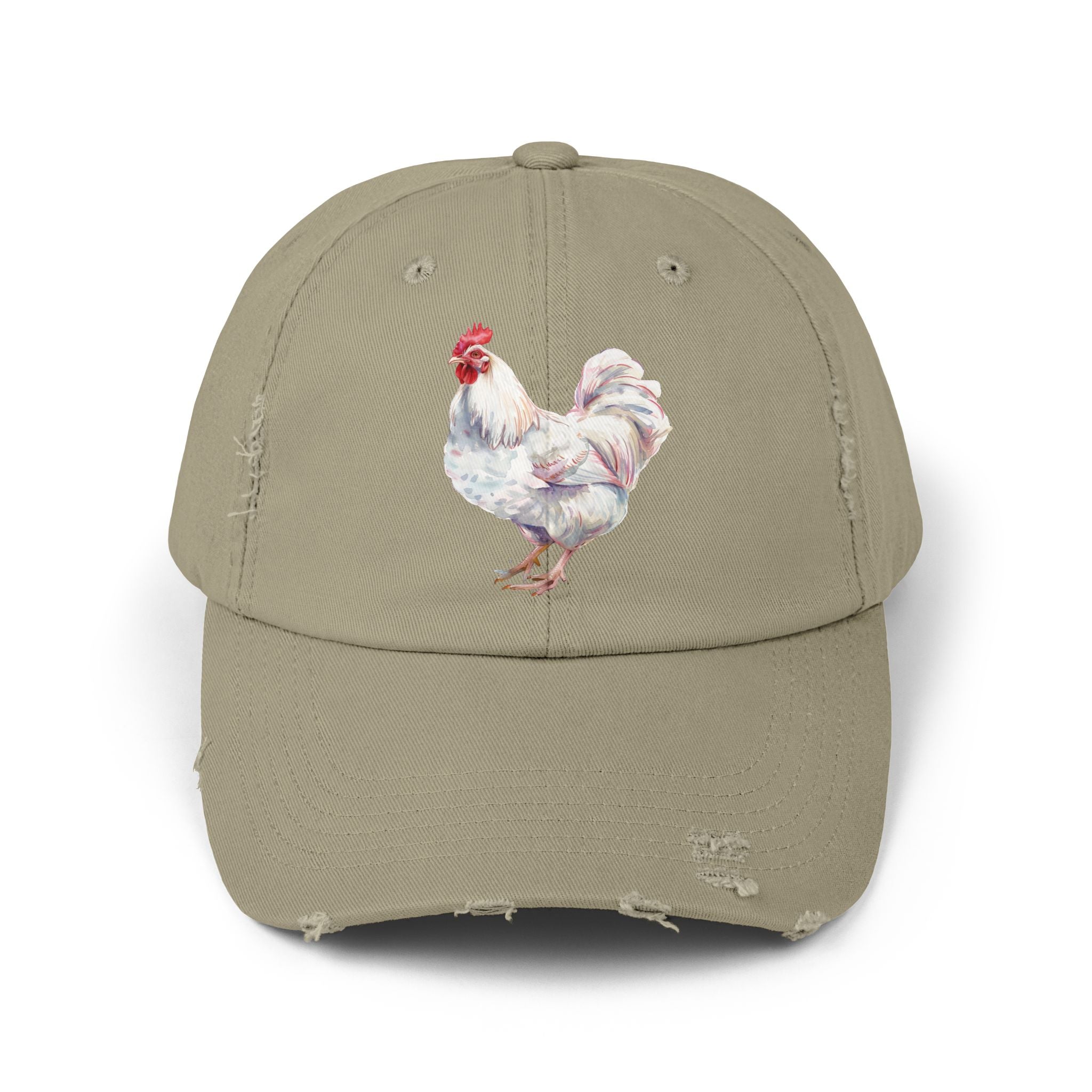 White Rooster Distressed Baseball Cap – Vintage Chicken Hat, Leghorn-Style Rooster, Farmhouse Poultry Cap, Backyard Chicken Keeper Gift