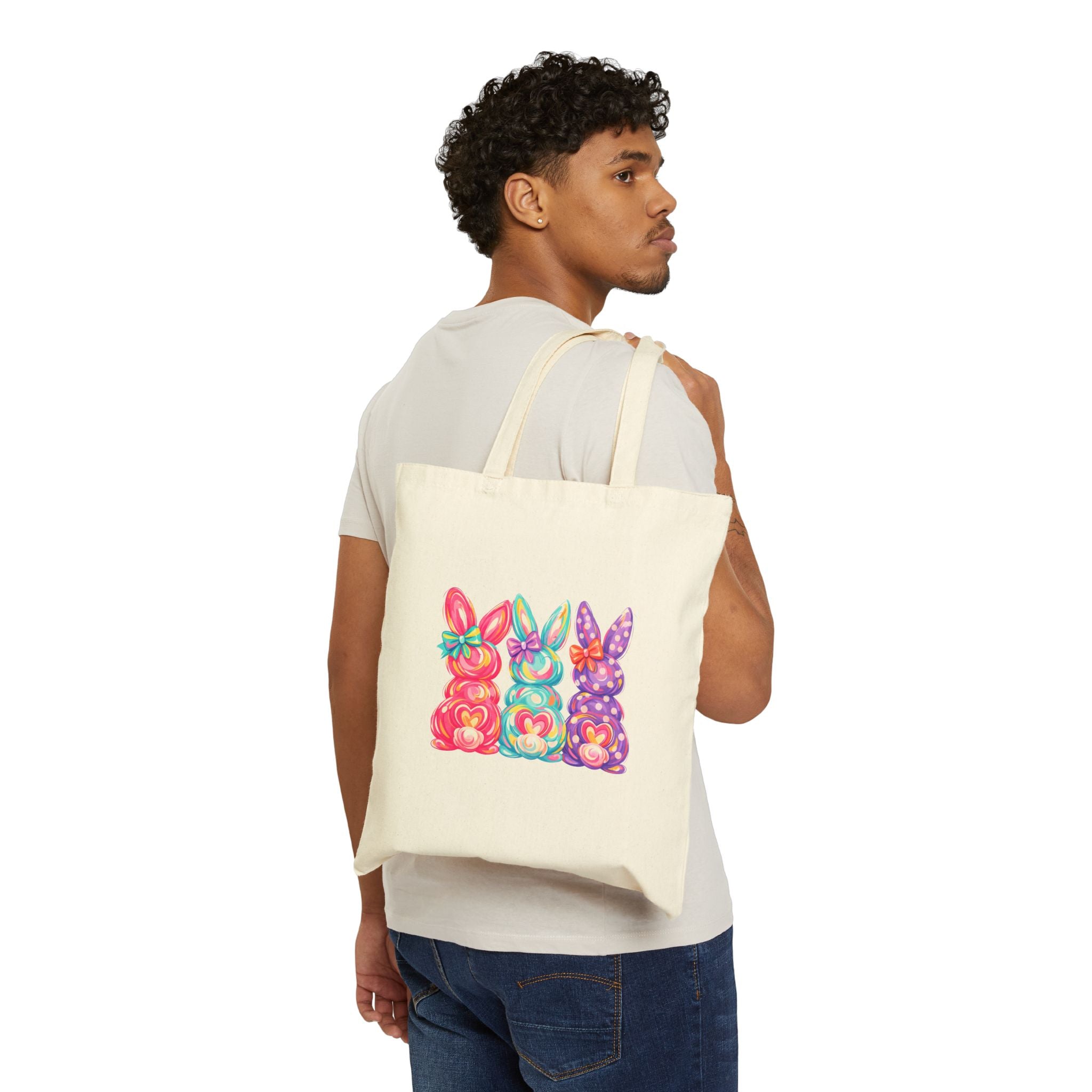 Easter Bunny Trio Tote Bag – Colorful Pastel Rabbit Canvas Tote, Spring Farm Bunny Market Bag, Cottagecore Reusable Shopping Tote, Farmhouse Easter Gift Bag