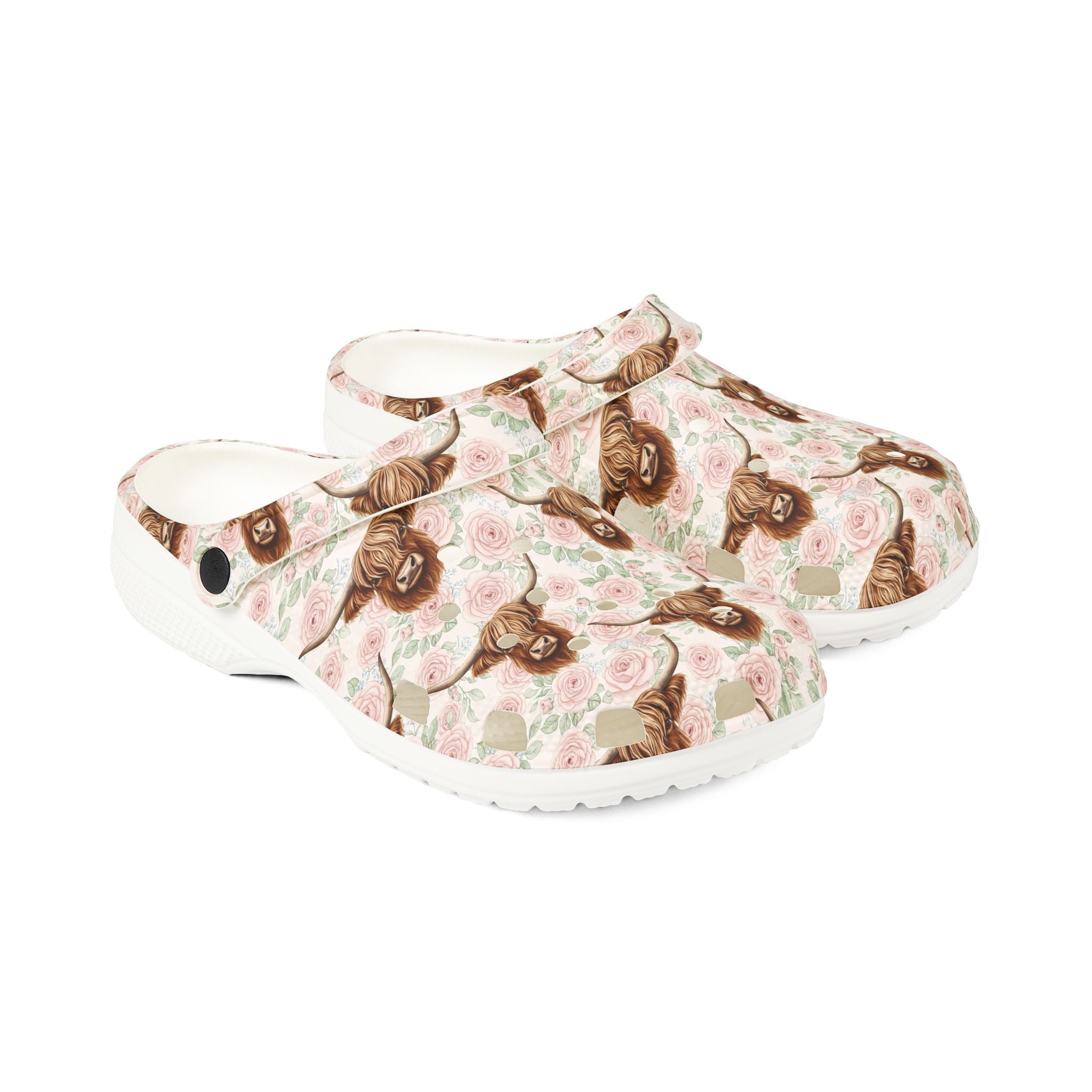 Blush Roses Highland Cow Clogs – Cottagecore Floral Farm Slip-On Shoes