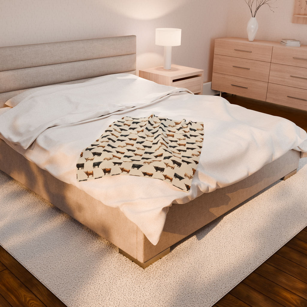 Highland Cow Pattern Plush Blanket | Farmhouse Cattle Throw Blanket | Rustic Farm Animal Bedding | Cozy Country Home Decor | Repeating Cow Print Blanket | Homestead Bedroom Throw