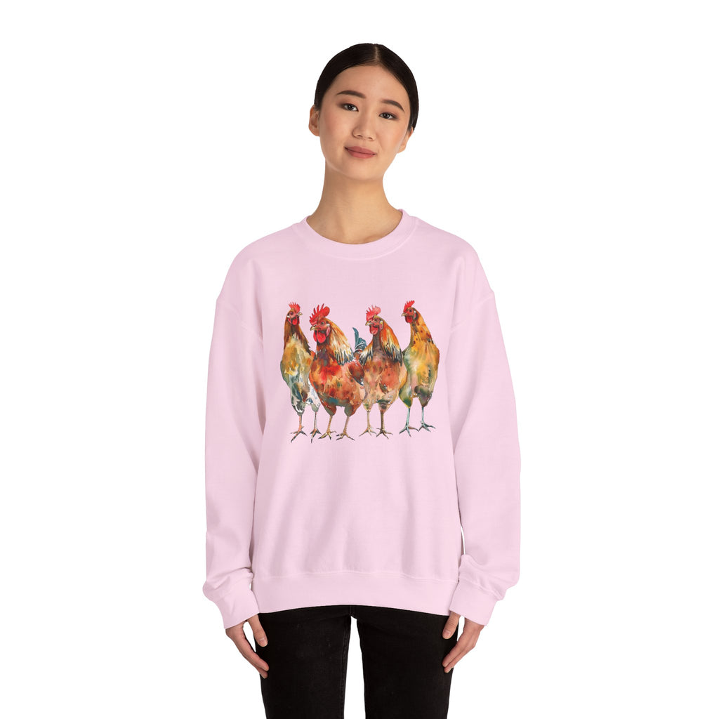 Chicken Flock Sweatshirt – Farmhouse Hen Lineup Crewneck, Cozy Homestead Chicken Mom Pullover, Unisex Gildan 18000