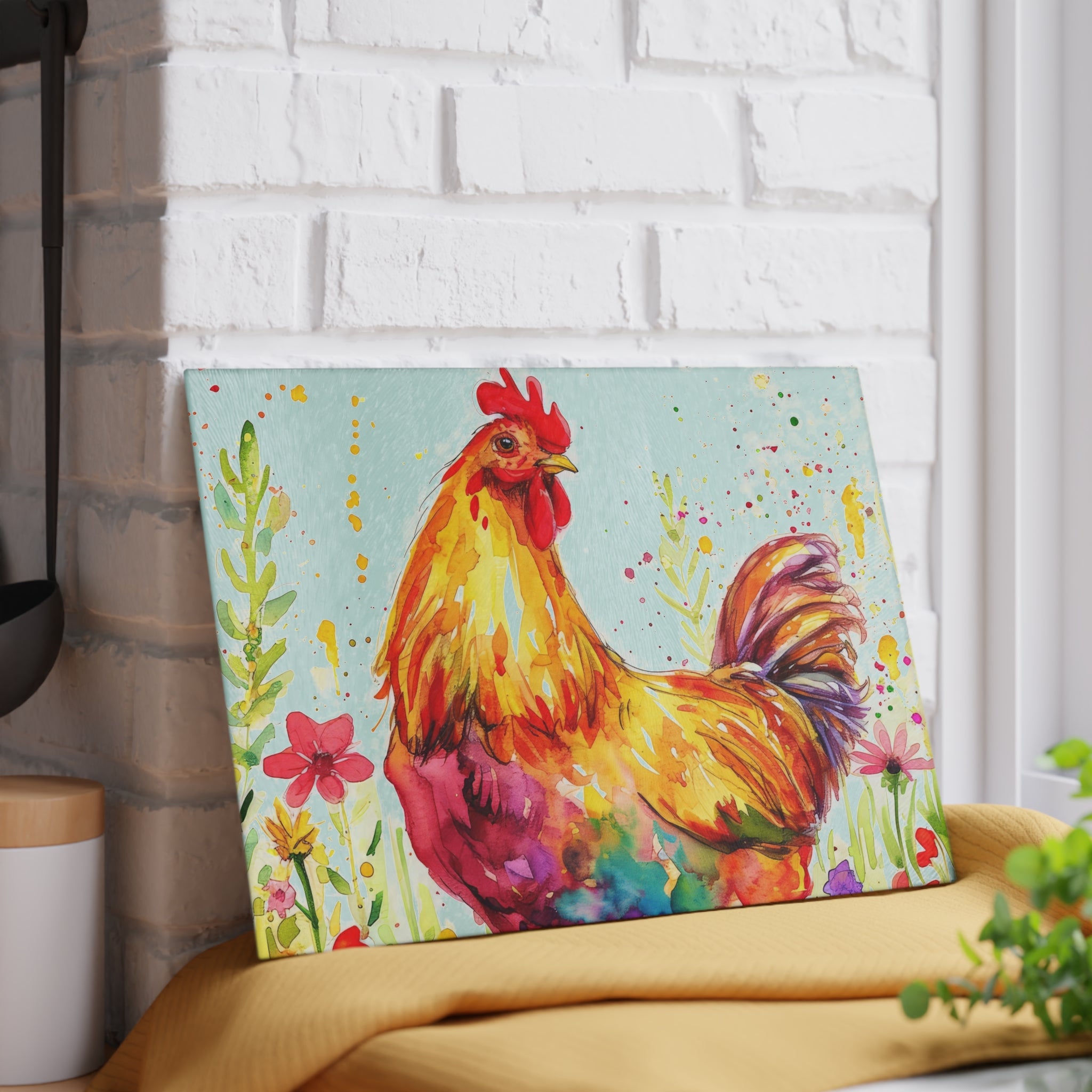 Floral Chicken Glass Cutting Board – Farmhouse Kitchen Decor, Colorful Chicken Counter Protector, Homestead Gift