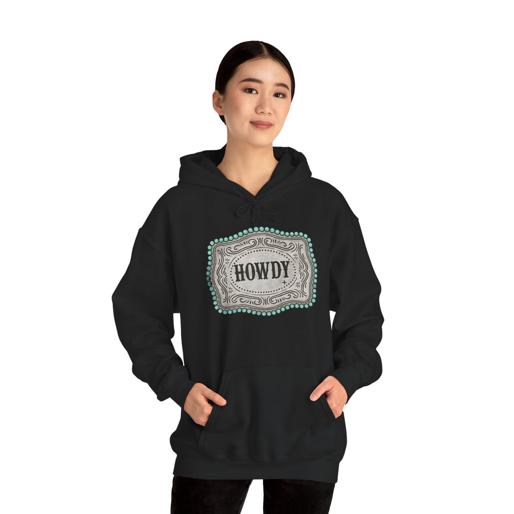 Howdy Turquoise Beaded Rodeo Belt Buckle Hoodie – Unisex Farmhouse Western Sweatshirt | Country Homestead Apparel