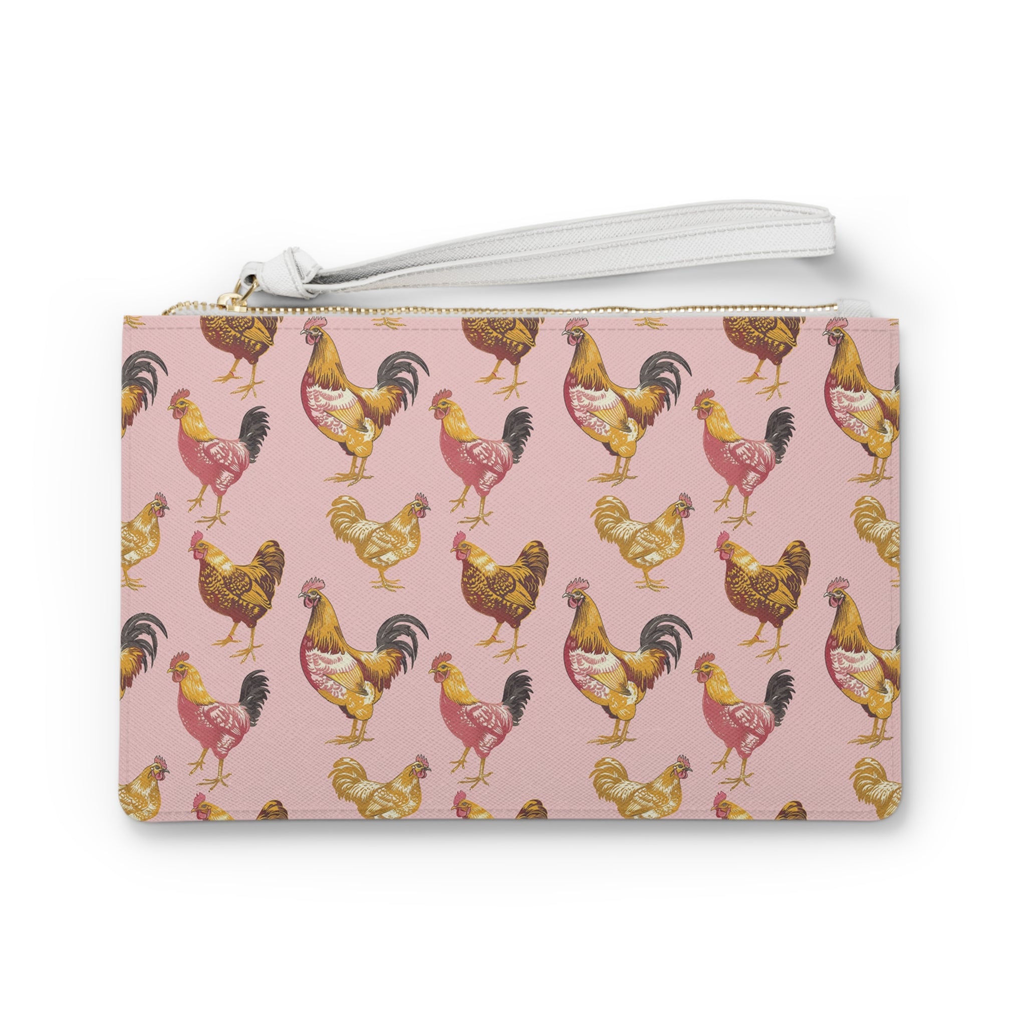Pink Chicken Print Clutch Bag | Cottagecore Farmhouse Wristlet Purse | Vintage Hen Makeup Bag | Country Chicken Zipper Pouch | Homestead Gift