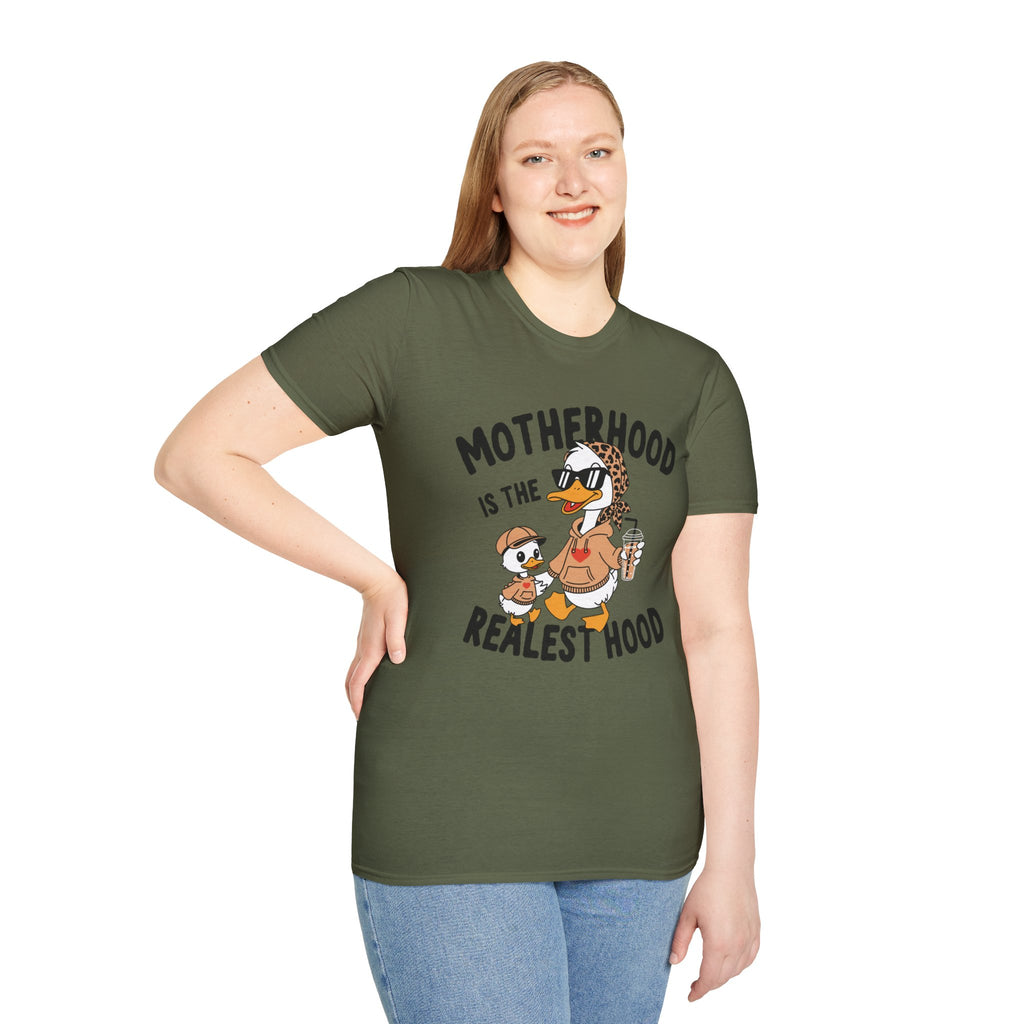 Motherhood Is the Realest Hood Funny Duck Mom Unisex T-Shirt | Farm Mom Graphic Tee